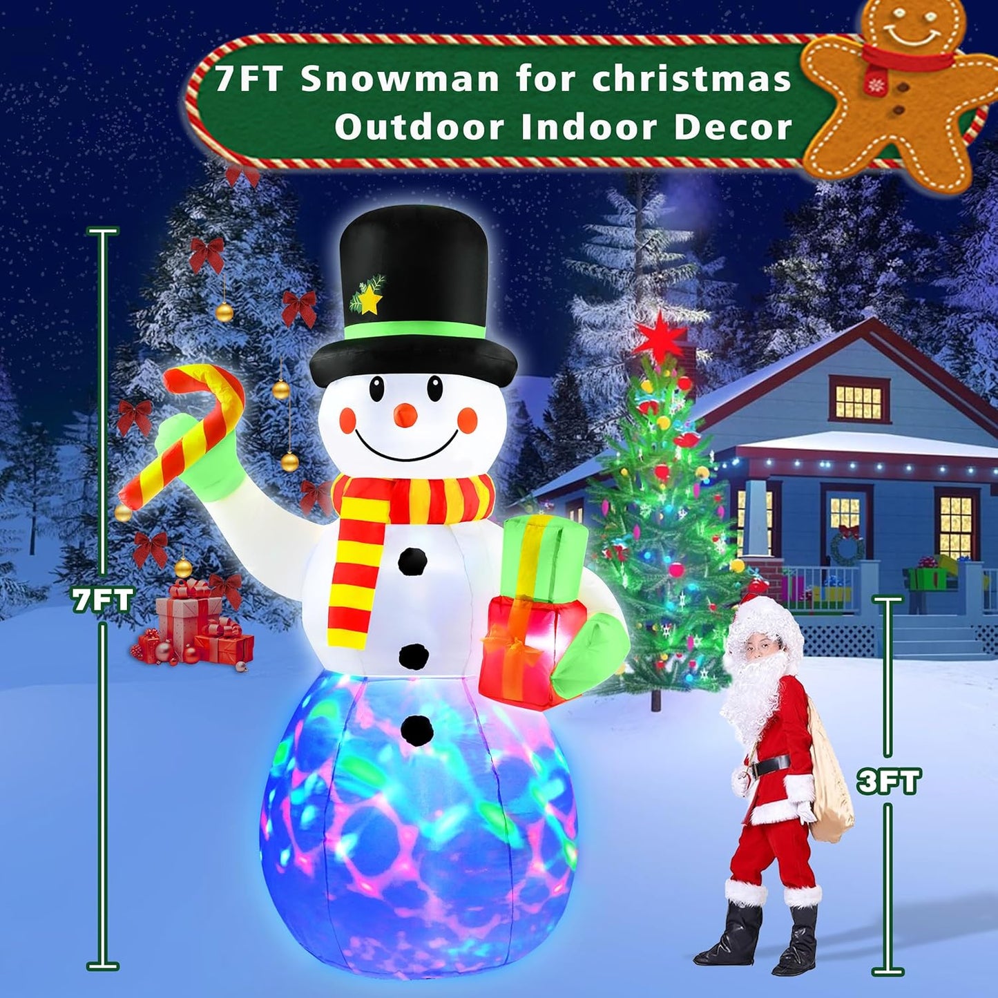 7 FT Christmas Inflatables Snowman Outdoor Decorations with Candy Cane Gift Box,