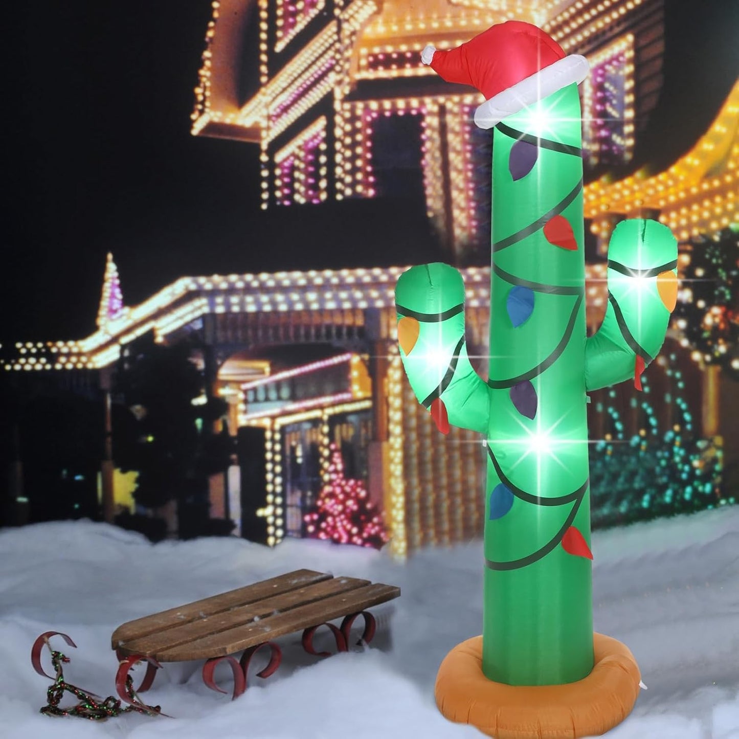 7 Ft Christmas Inflatables Outdoor Decorations Blow up Christmas Cactus with LED