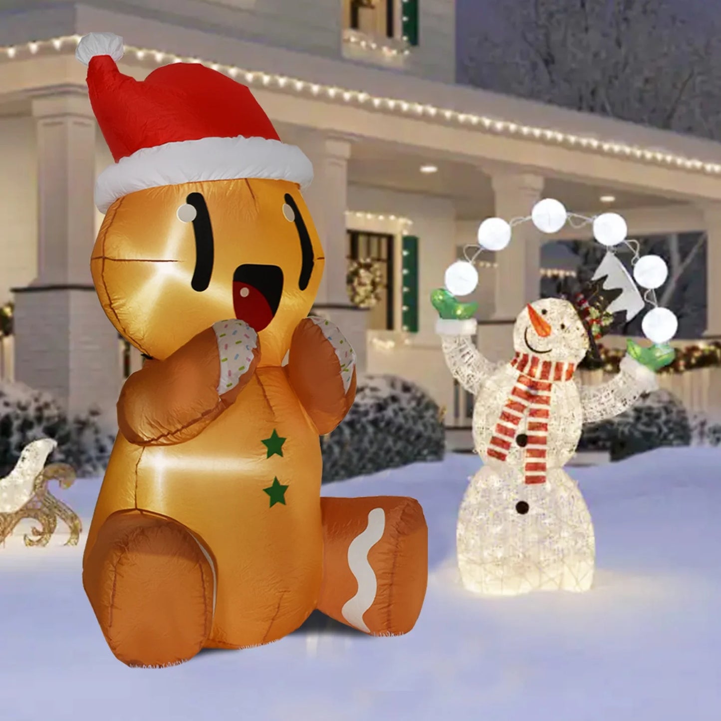 5.5Ft Christmas Inflatable Gingerbread Man,Cute Christmas Sitting Gingerbread Man Blow up Yard Decorations with Build-In LED Lights,Christmas Inflatable Decorations for Outdoor Indoor Lawn Garden