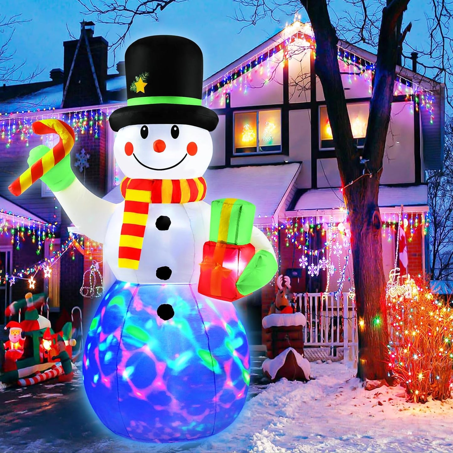 7 FT Christmas Inflatables Snowman Outdoor Decorations with Candy Cane Gift Box,