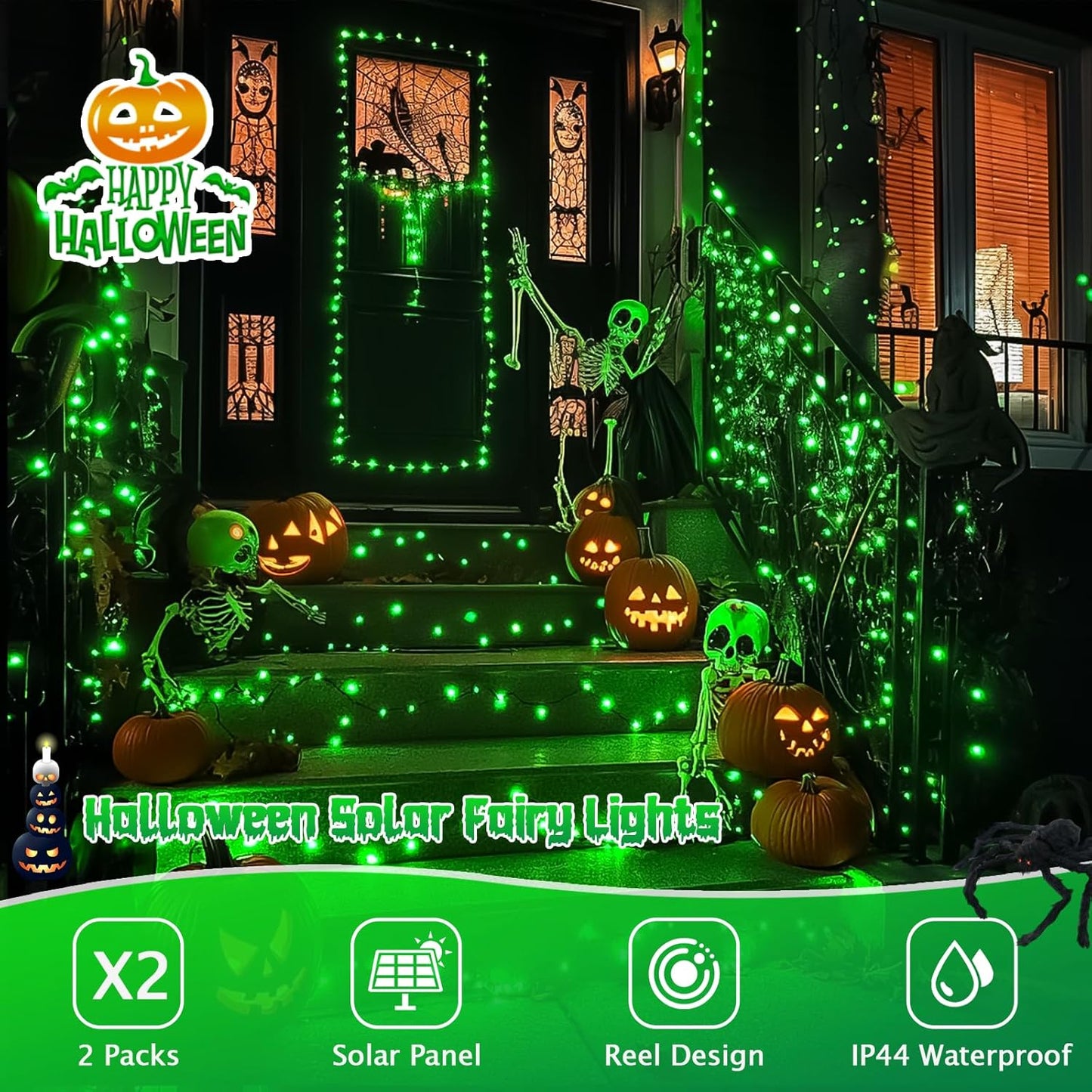 2 Pack Green Solar Halloween Lights Each 66Ft 200 LED Green Solar Lights Outdoor, 8 Modes Copper Wire Solar Fairy Lights for Garden Yard Patio Christmas Halloween Decorations