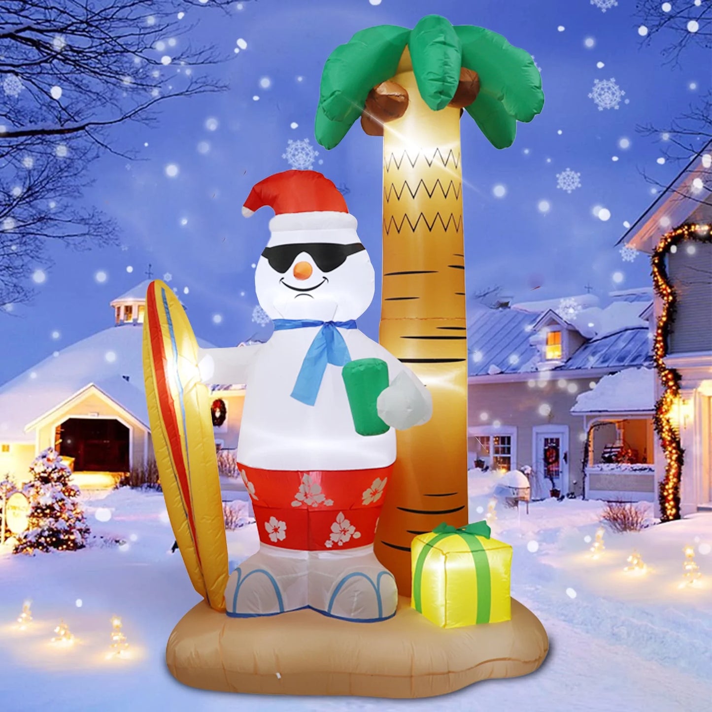 8 FT Christmas Inflatable Surfing Snowman Lawn Outdoor Decorations, Blow up Snowman with Gift, Built-In LED Lights, Xmas Decor Holiday Indoor Outdoor Party Garden Yard Decoration