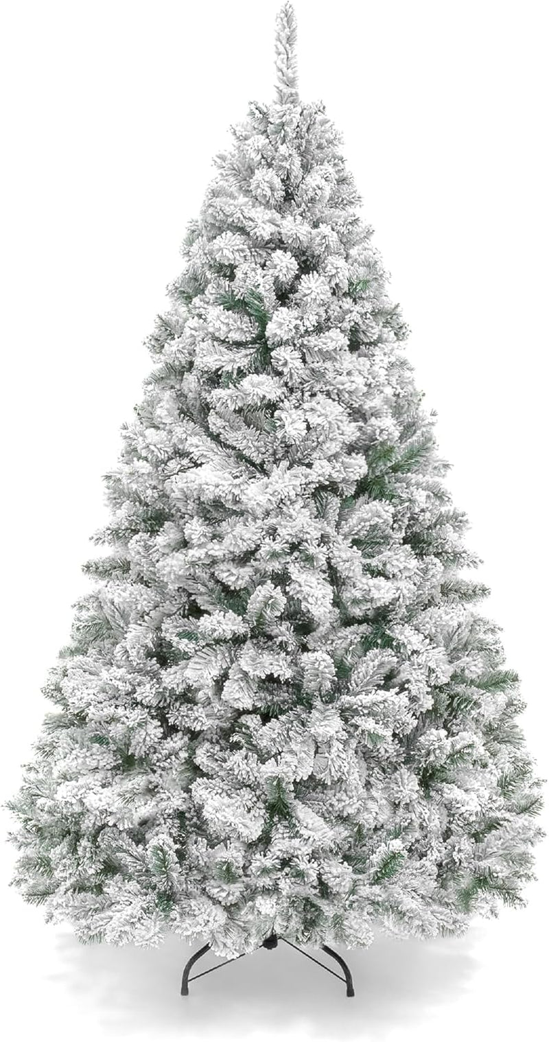 Artificial Christmas Tree, 7.5Ft Unlit Snow Flocked Design Pine Tree, Full Appearance Snowy W/Easy Assembly, Metal Stand