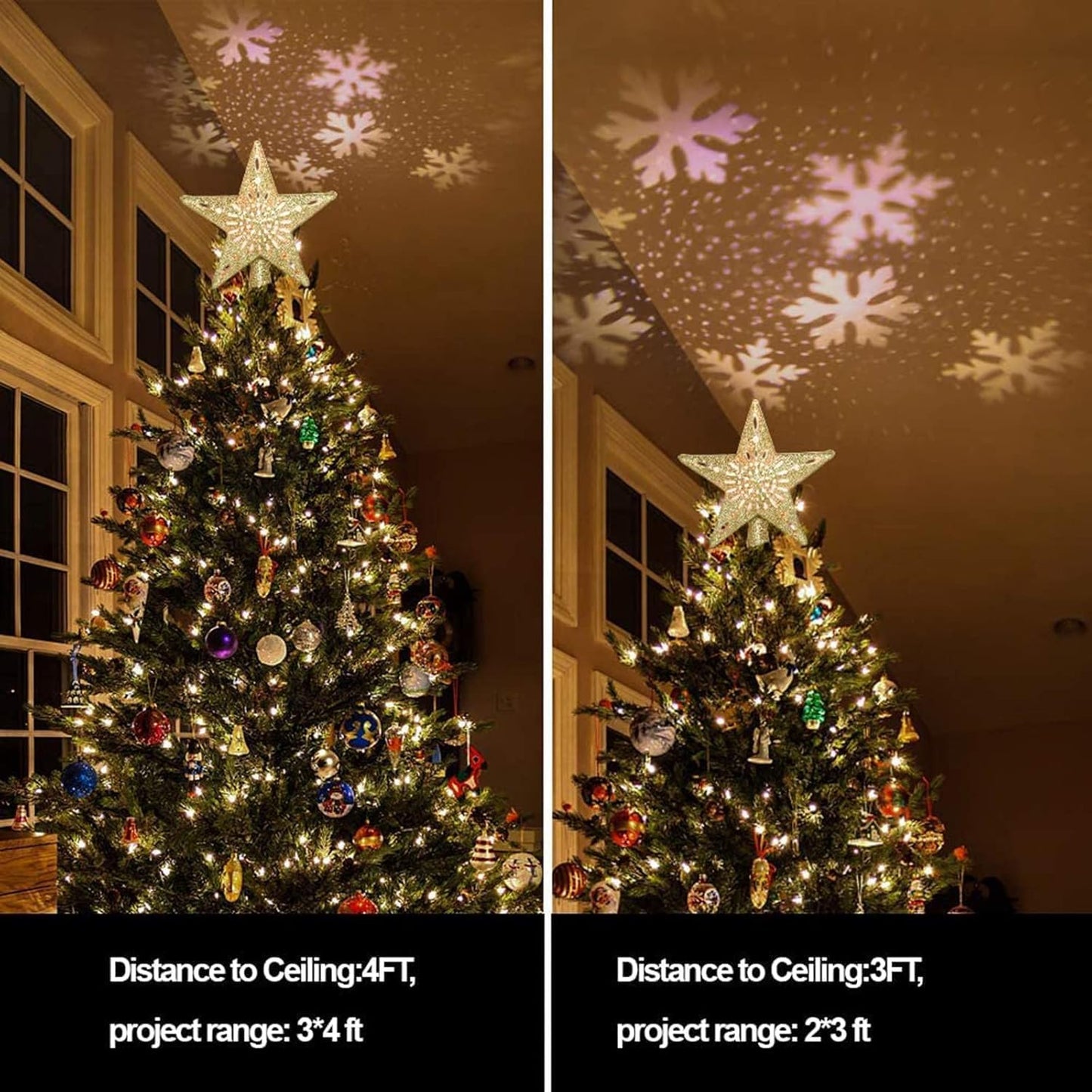 Christmas Tree Topper Lighted Gold Star Tree Topper with LED Rotating Snowflake Projector, 3D Glitter Tree Star Topper for Christmas Tree Decorations Holiday Party Decor