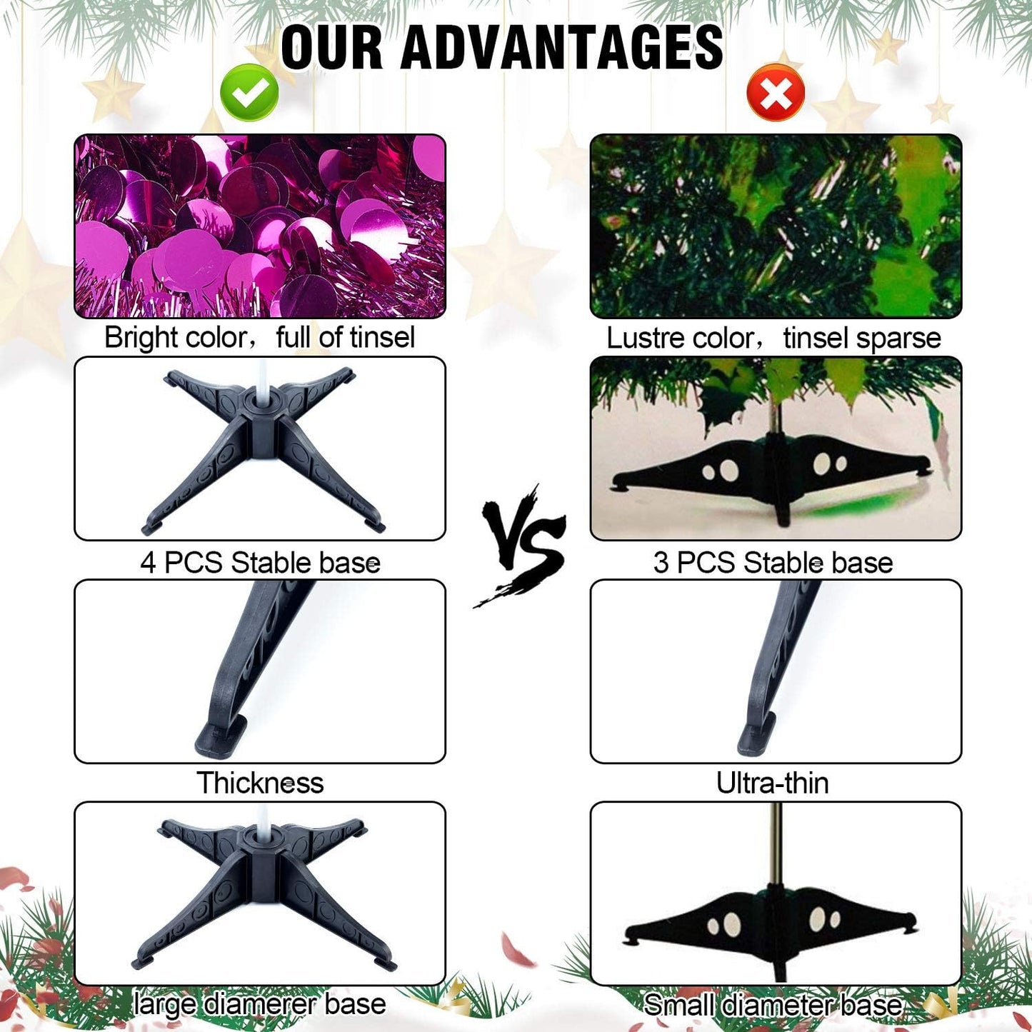 Pop up Fuchsia Tinsel Christmas Tree with Lights & 30 Balls, 5Ft Collapsible Skinny Tree for Home Office Decor, Fuchsia