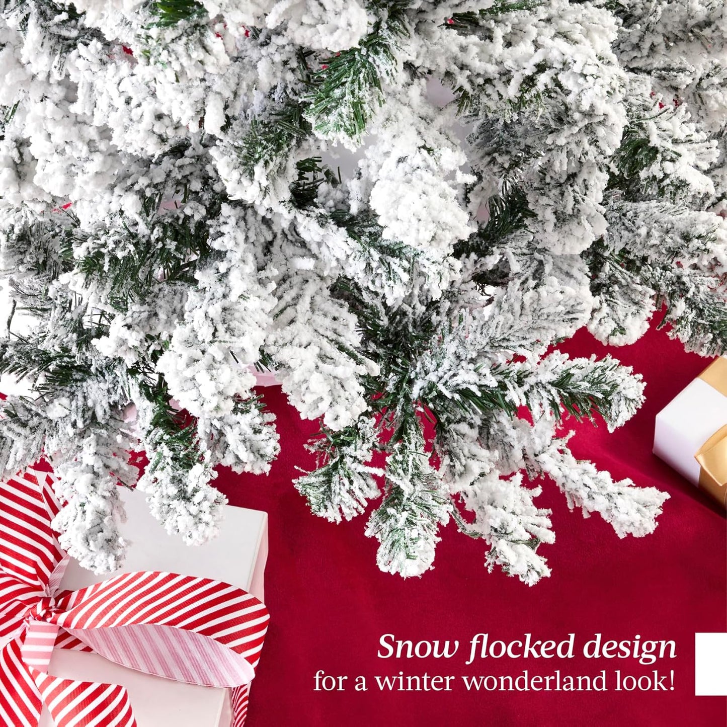 Artificial Christmas Tree, 7.5Ft Unlit Snow Flocked Design Pine Tree, Full Appearance Snowy W/Easy Assembly, Metal Stand
