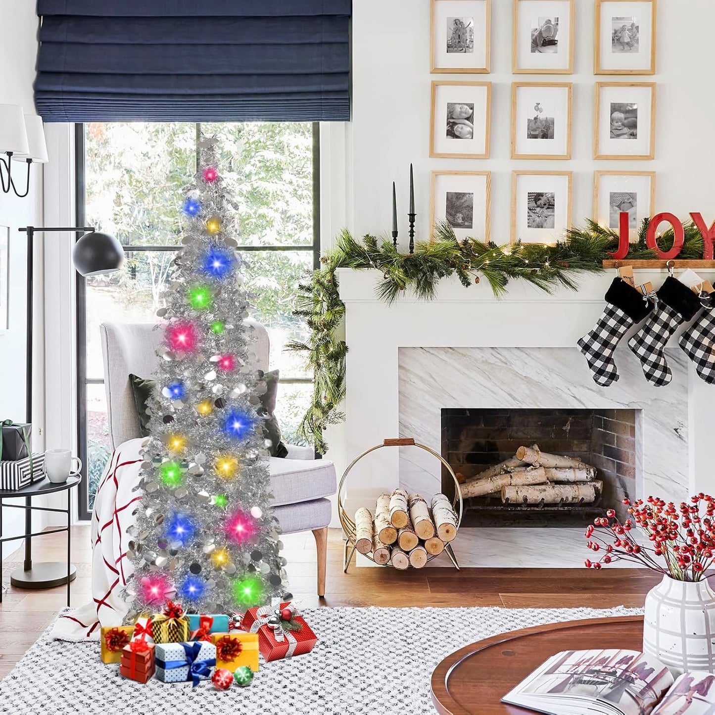 Pop up Christmas Tree with Lights & 30 Balls, 5Ft Collapsible Silver Tinsel Christmas Tree Decoration for Holiday Home Office Decor