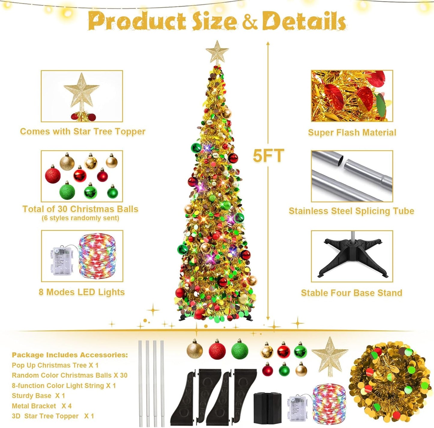 Pop up Christmas Tree with Lights & 30 Balls, 5Ft Collapsible Gold Mix Tinsel Skinny Christmas Tree Decorations for Holiday Xmas Home Office Decor
