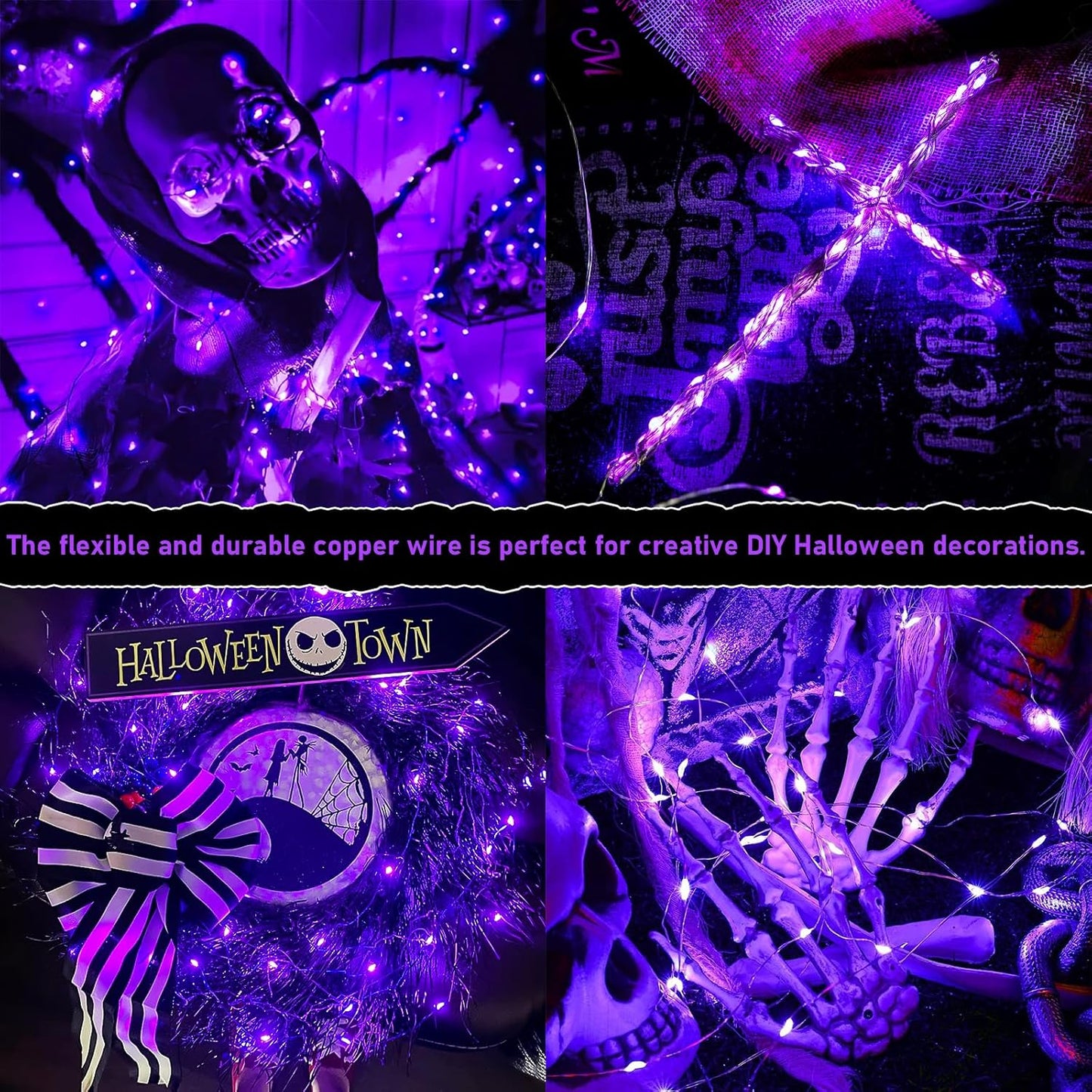 4 Pack 50 LED Halloween Fairy Lights Battery Operated, 16.1Ft Purple String Lights, Mini Christmas Lights Indoor Outdoor Waterproof for Bedroom Party Halloween Christmas Decorations