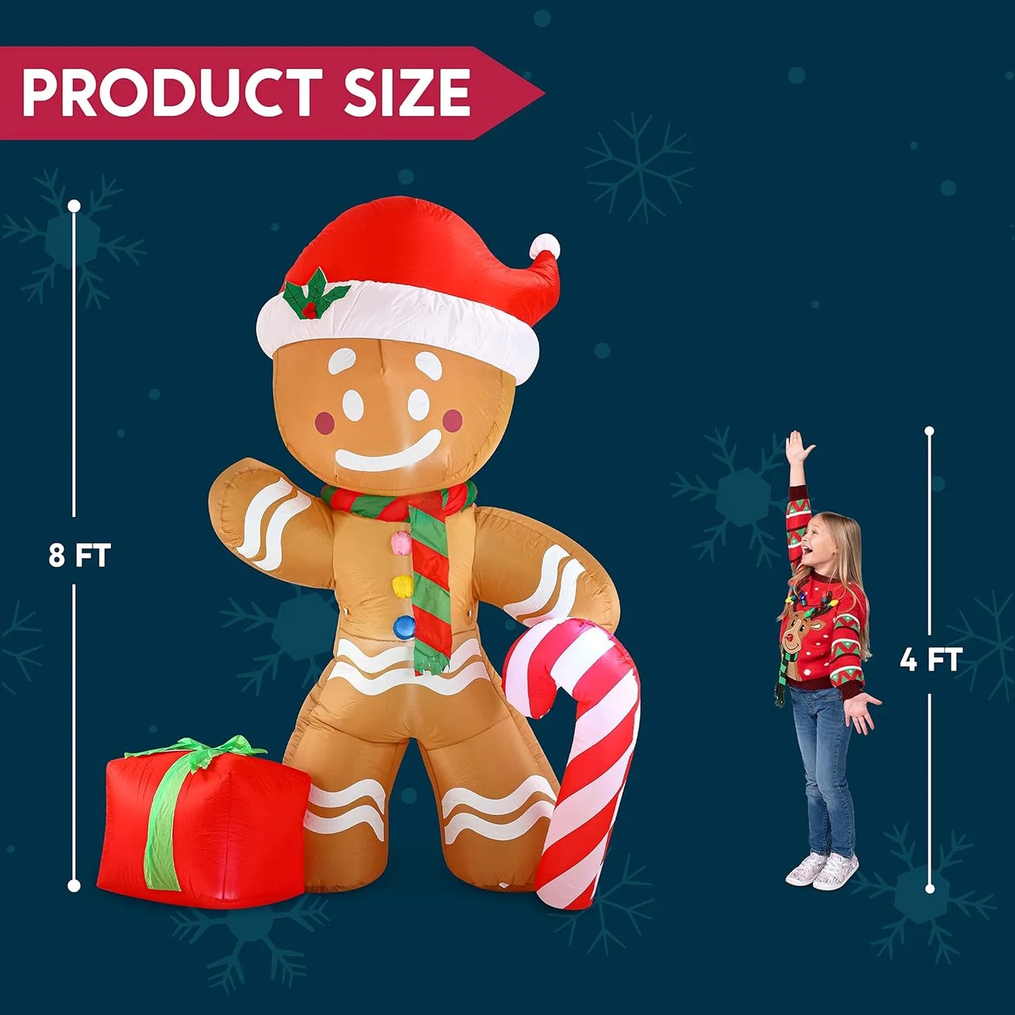 8 FT Christmas Inflatables Gingerbread Man Outdoor Decorations,Gingerbread Man with Candy Cane Blow Ups Yard with Built-In Leds for Holiday Party Garden Lawn Decor