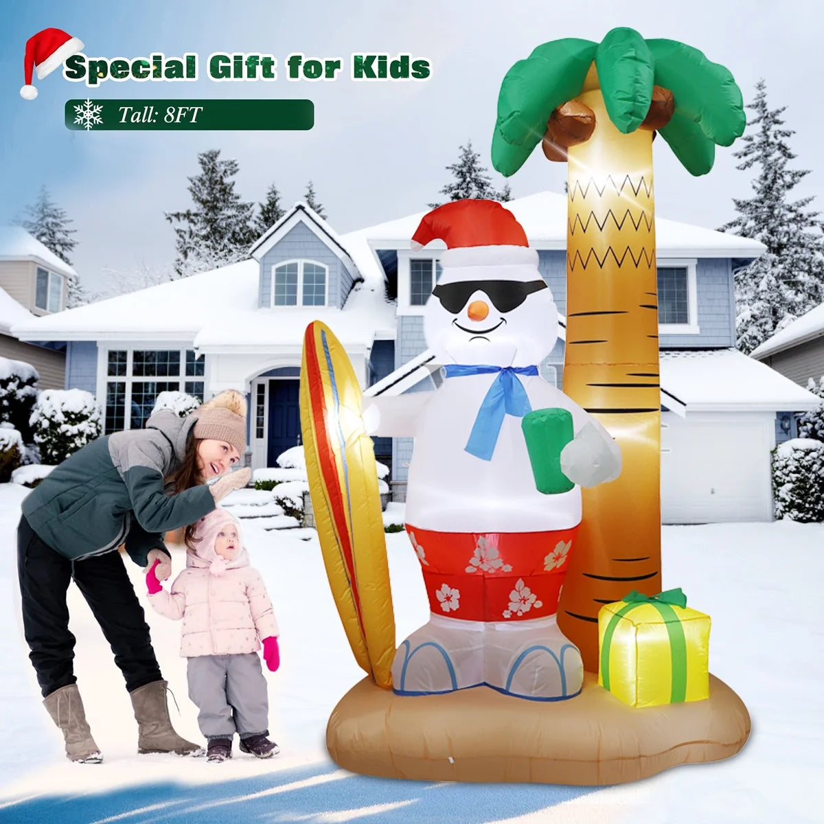 8 FT Christmas Inflatable Surfing Snowman Lawn Outdoor Decorations, Blow up Snowman with Gift, Built-In LED Lights, Xmas Decor Holiday Indoor Outdoor Party Garden Yard Decoration