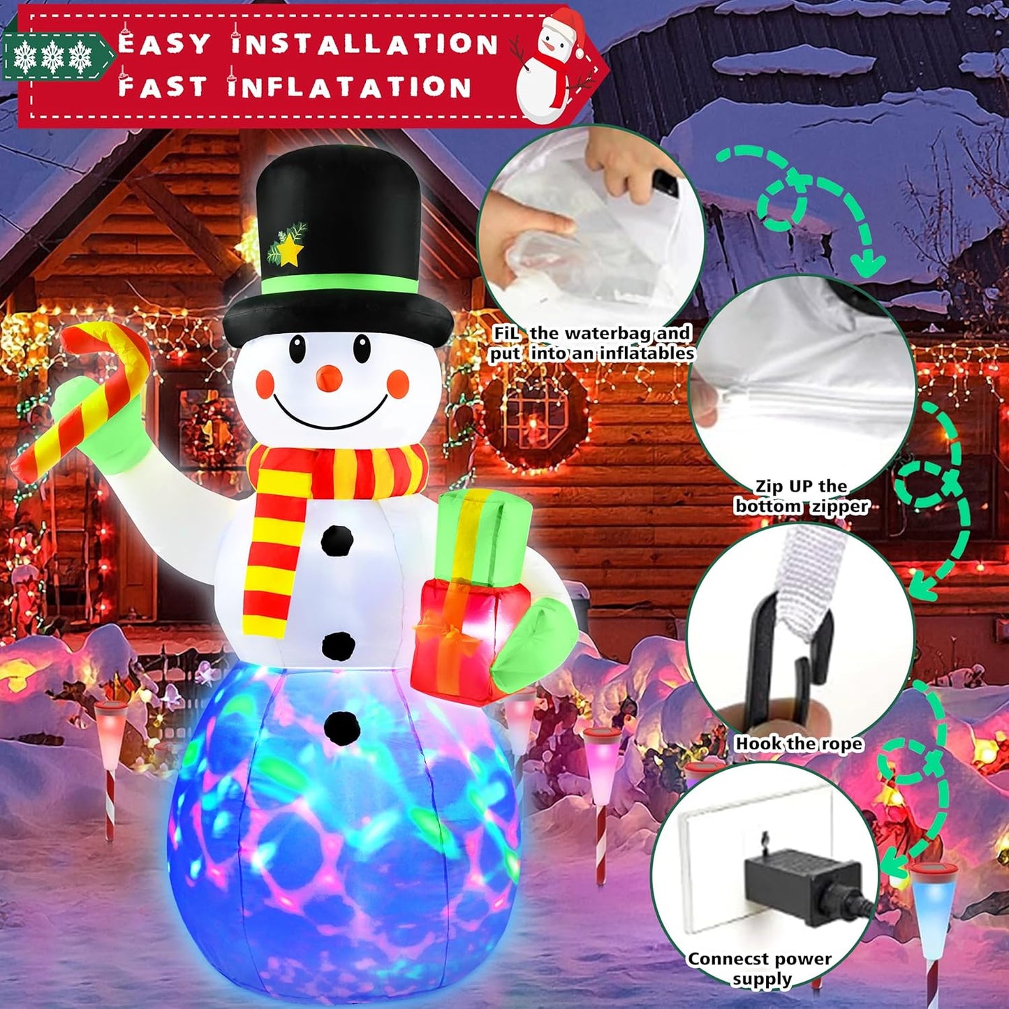 7 FT Christmas Inflatables Snowman Outdoor Decorations with Candy Cane Gift Box,