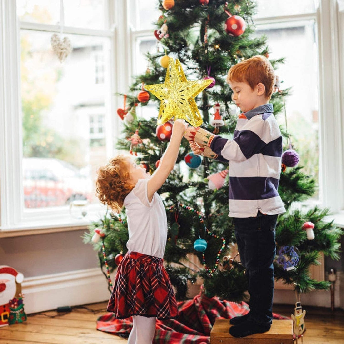 Christmas Tree Topper Lighted Gold Star Tree Topper with LED Rotating Snowflake Projector, 3D Glitter Tree Star Topper for Christmas Tree Decorations Holiday Party Decor
