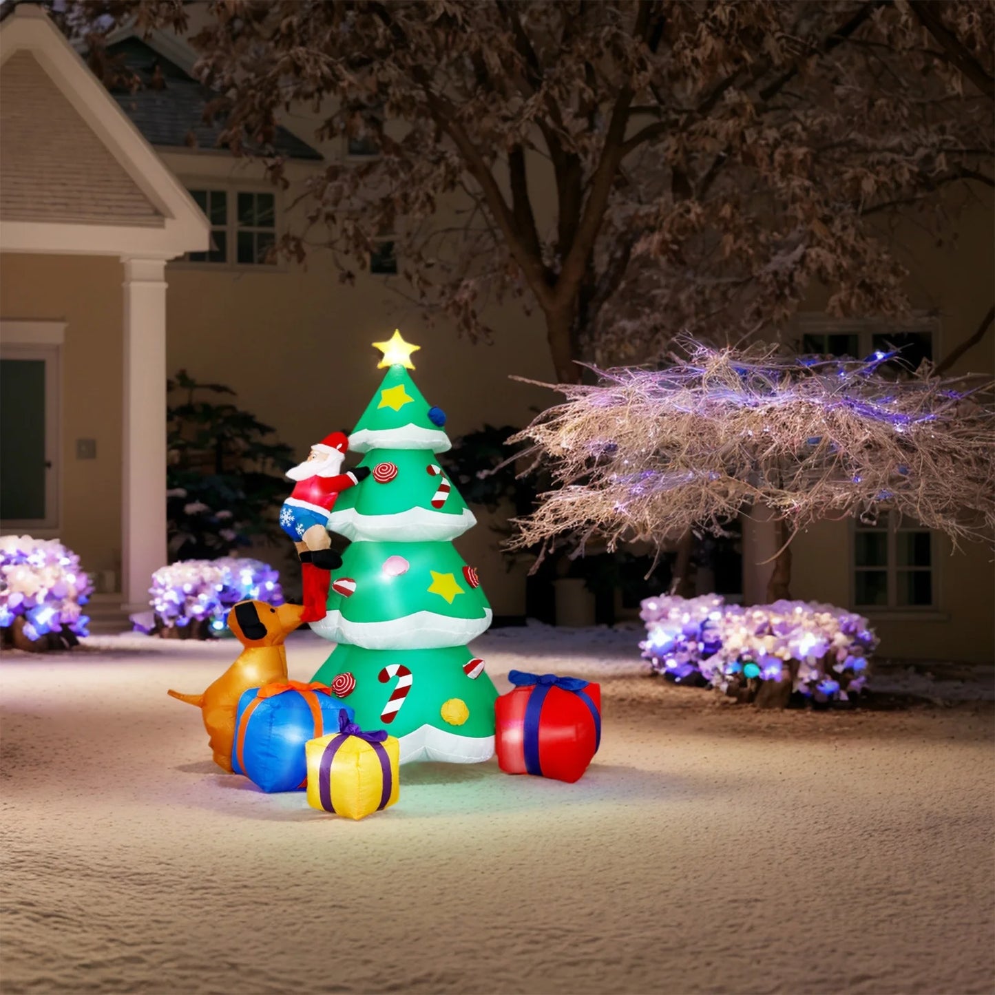 7FT Christmas Inflatables Decoration Outdoor LED Lights Santa Claus Being Chased up the Tree Blow up Xmas Decor Lawn Yard Patio Garden Christmas Decor Indoor Festive Holiday Spirit