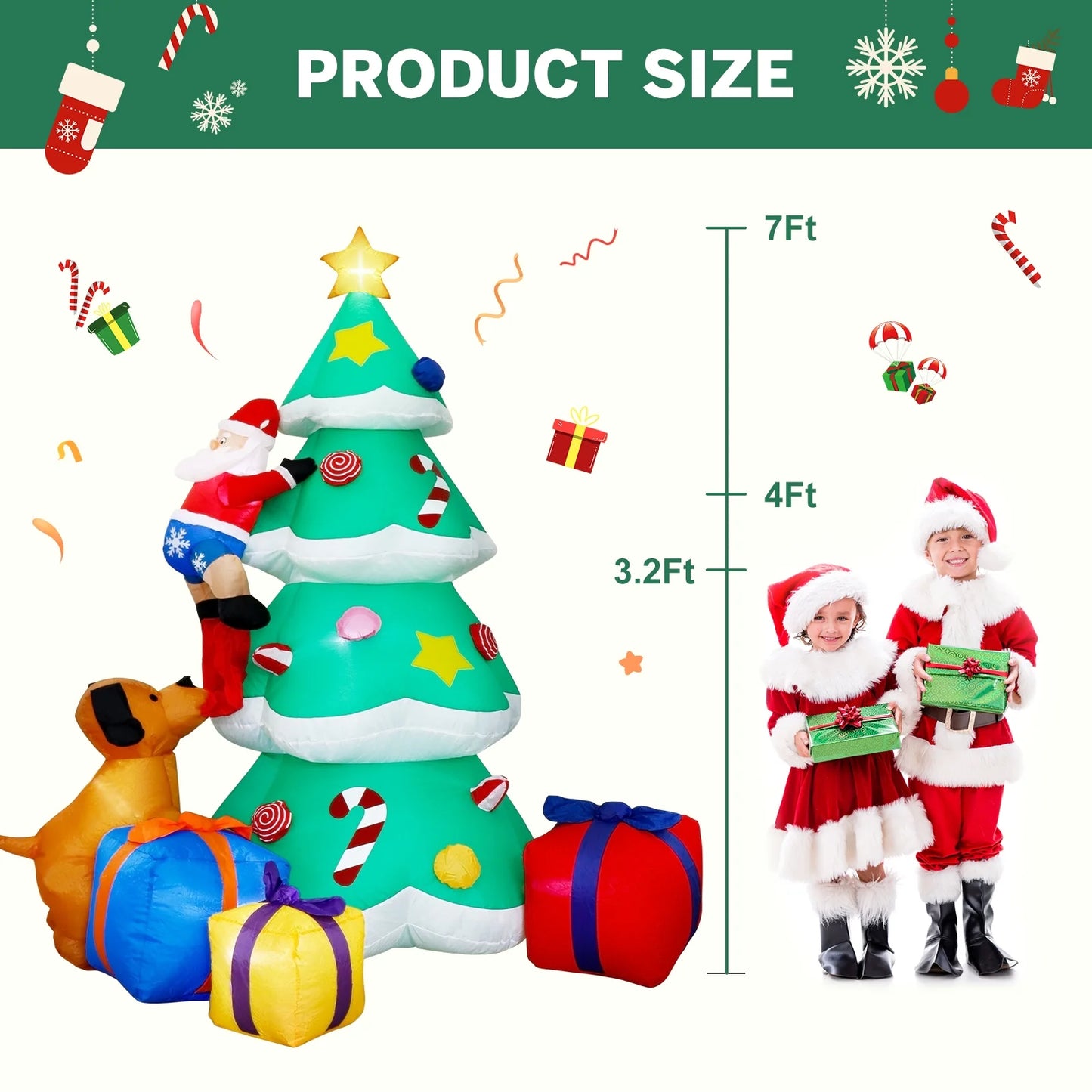 7FT Christmas Inflatables Decoration Outdoor LED Lights Santa Claus Being Chased up the Tree Blow up Xmas Decor Lawn Yard Patio Garden Christmas Decor Indoor Festive Holiday Spirit