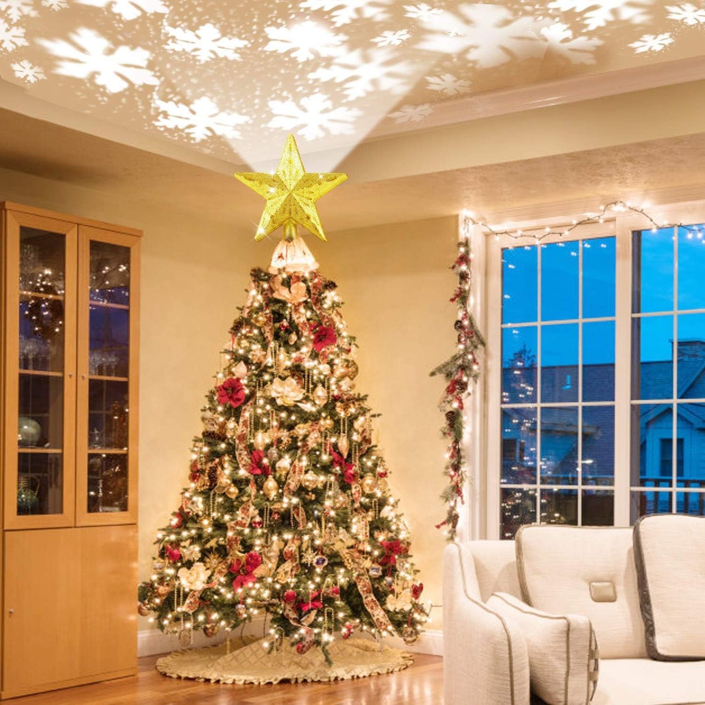 Christmas Tree Topper Lighted Gold Star Tree Topper with LED Rotating Snowflake Projector, 3D Glitter Tree Star Topper for Christmas Tree Decorations Holiday Party Decor