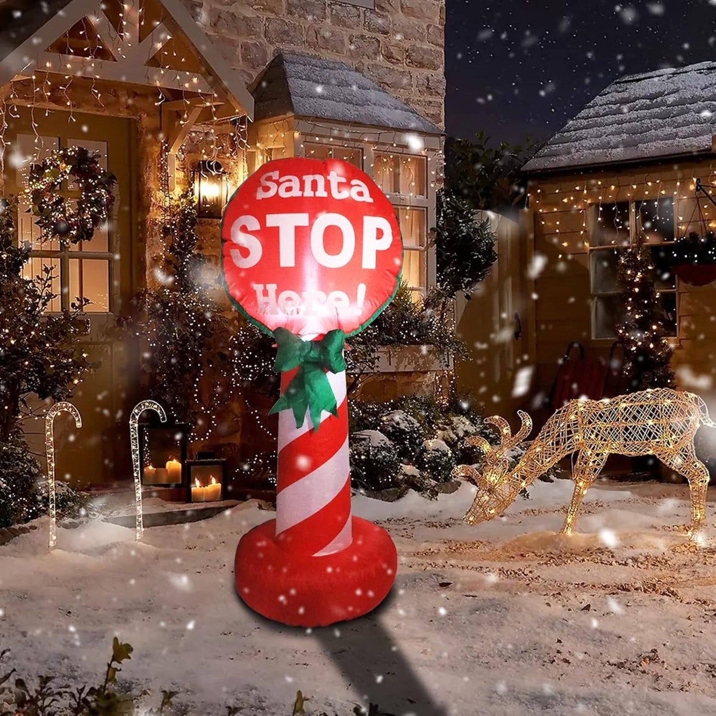 4 FT Santa Stop Here Sign Christmas Inflatable with LED Lights for Christmas Decorations Indoor Outdoor Yard Lawn Holiday Garden Decorations