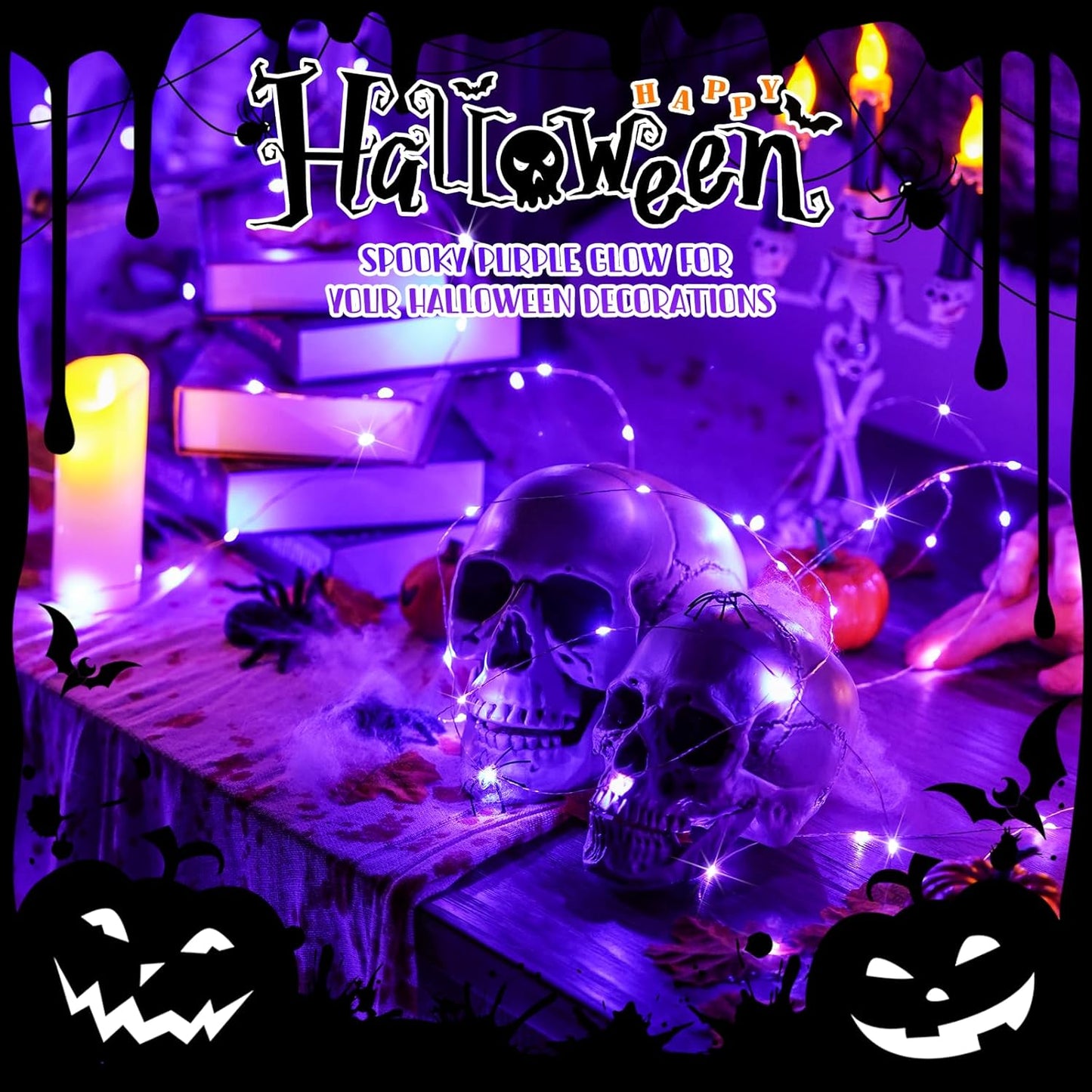 4 Pack 50 LED Halloween Fairy Lights Battery Operated, 16.1Ft Purple String Lights, Mini Christmas Lights Indoor Outdoor Waterproof for Bedroom Party Halloween Christmas Decorations