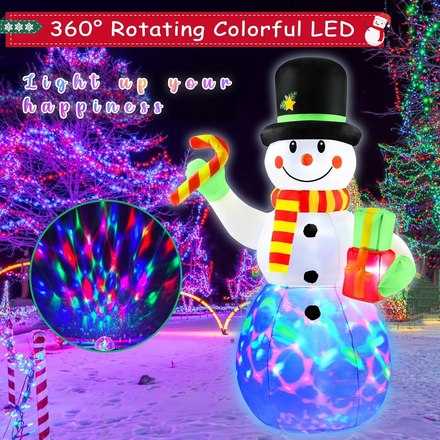7 FT Christmas Inflatables Snowman Outdoor Decorations with Candy Cane Gift Box,