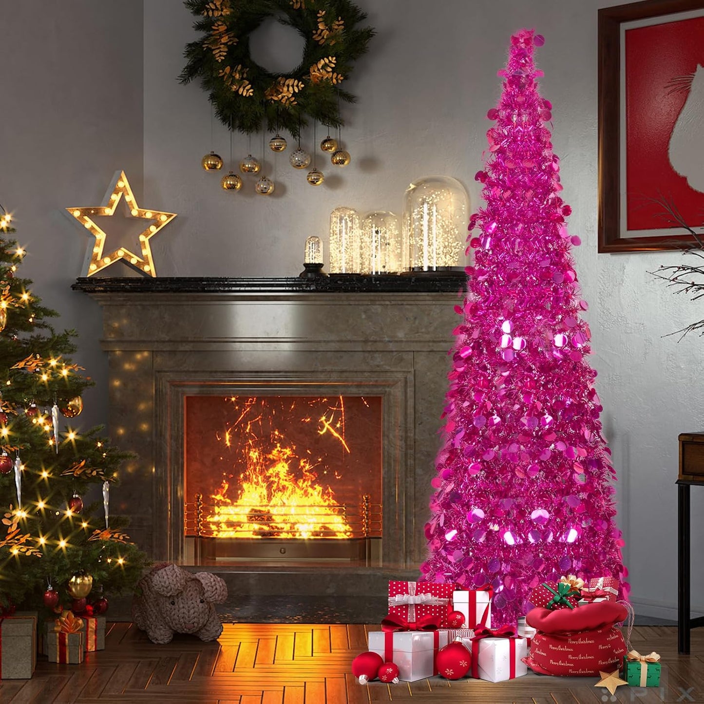 Pop up Fuchsia Tinsel Christmas Tree with Lights & 30 Balls, 5Ft Collapsible Skinny Tree for Home Office Decor, Fuchsia