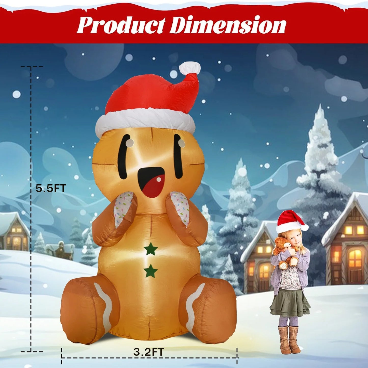 5.5Ft Christmas Inflatable Gingerbread Man,Cute Christmas Sitting Gingerbread Man Blow up Yard Decorations with Build-In LED Lights,Christmas Inflatable Decorations for Outdoor Indoor Lawn Garden