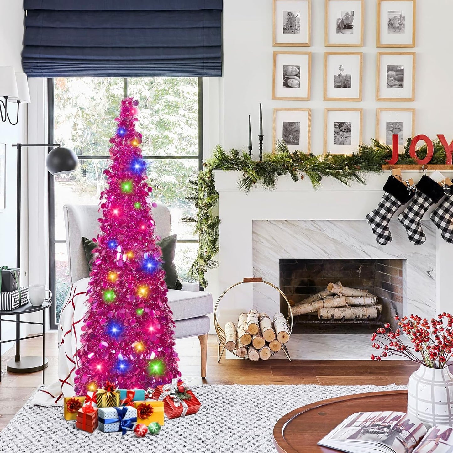 Pop up Fuchsia Tinsel Christmas Tree with Lights & 30 Balls, 5Ft Collapsible Skinny Tree for Home Office Decor, Fuchsia