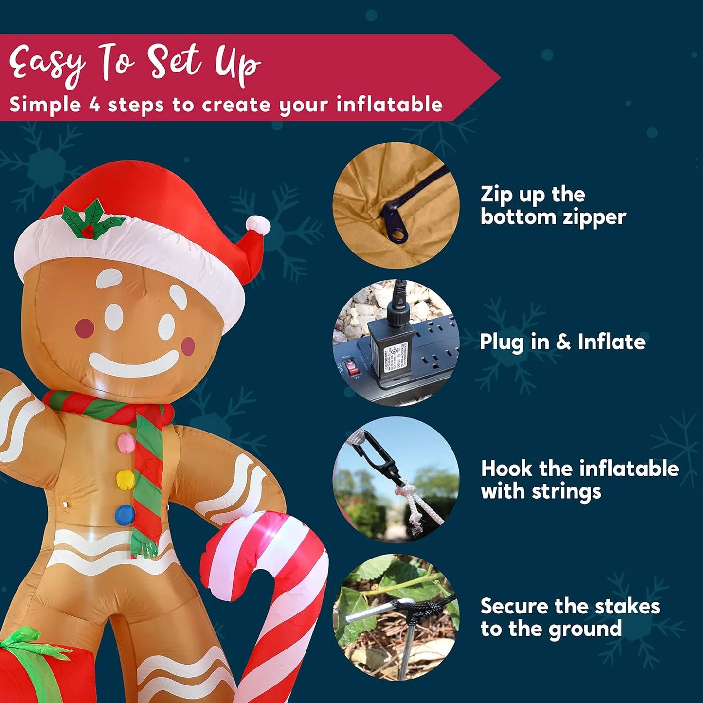 8 FT Christmas Inflatables Gingerbread Man Outdoor Decorations,Gingerbread Man with Candy Cane Blow Ups Yard with Built-In Leds for Holiday Party Garden Lawn Decor