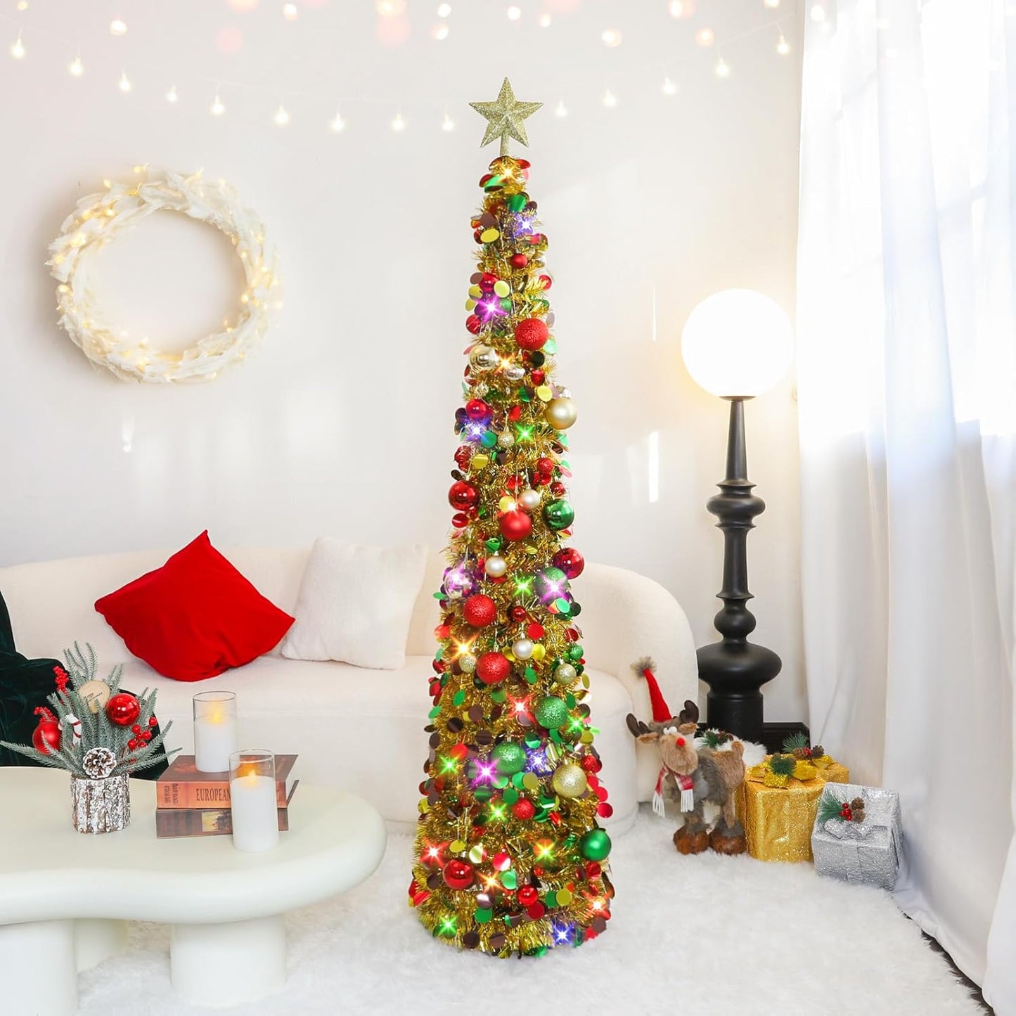 Pop up Christmas Tree with Lights & 30 Balls, 5Ft Collapsible Gold Mix Tinsel Skinny Christmas Tree Decorations for Holiday Xmas Home Office Decor