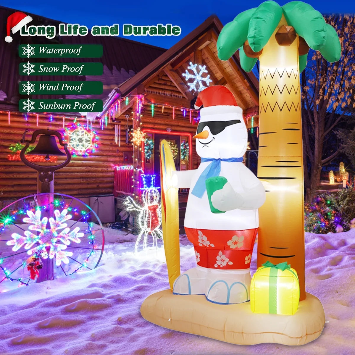 8 FT Christmas Inflatable Surfing Snowman Lawn Outdoor Decorations, Blow up Snowman with Gift, Built-In LED Lights, Xmas Decor Holiday Indoor Outdoor Party Garden Yard Decoration