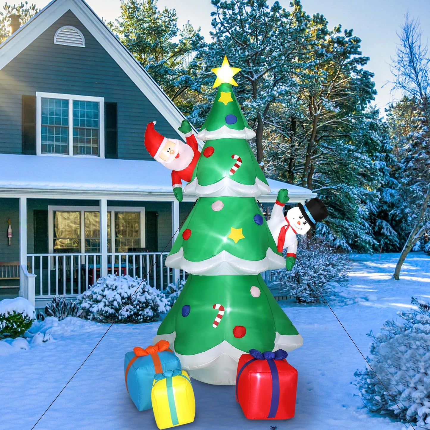 8Ft Inflatable Christmas Tree Decoration LED with Santa Claus,Snowman,Boxes Blow up Yard Decoration