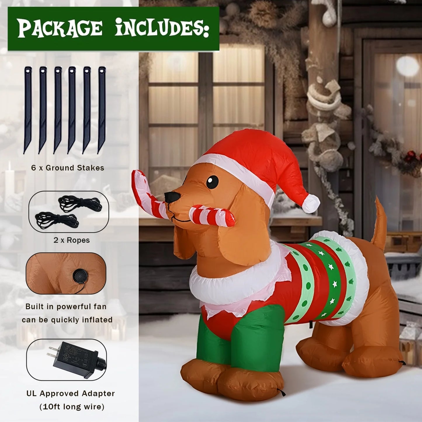 5Ft Christmas Inflatables Dog, Outdoor Christmas Decorations Inflatable Dog with Led Lights, Light up Presents Christmas Decoration Yard Inflatables Dog with Candy Cane, Hat, Clothes