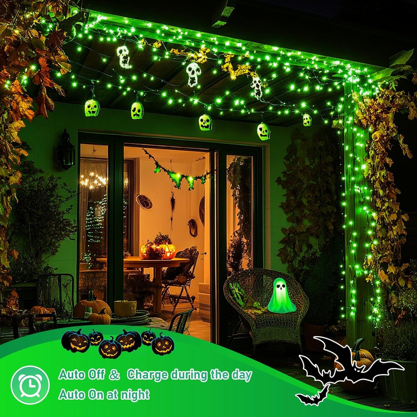 2 Pack Green Solar Halloween Lights Each 66Ft 200 LED Green Solar Lights Outdoor, 8 Modes Copper Wire Solar Fairy Lights for Garden Yard Patio Christmas Halloween Decorations