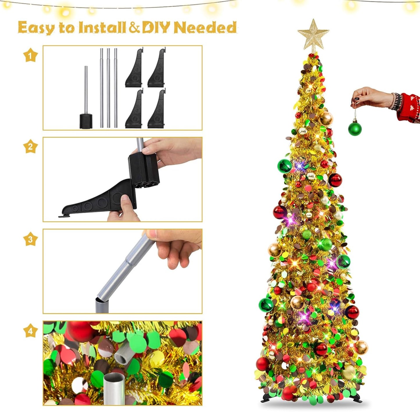 Pop up Christmas Tree with Lights & 30 Balls, 5Ft Collapsible Gold Mix Tinsel Skinny Christmas Tree Decorations for Holiday Xmas Home Office Decor