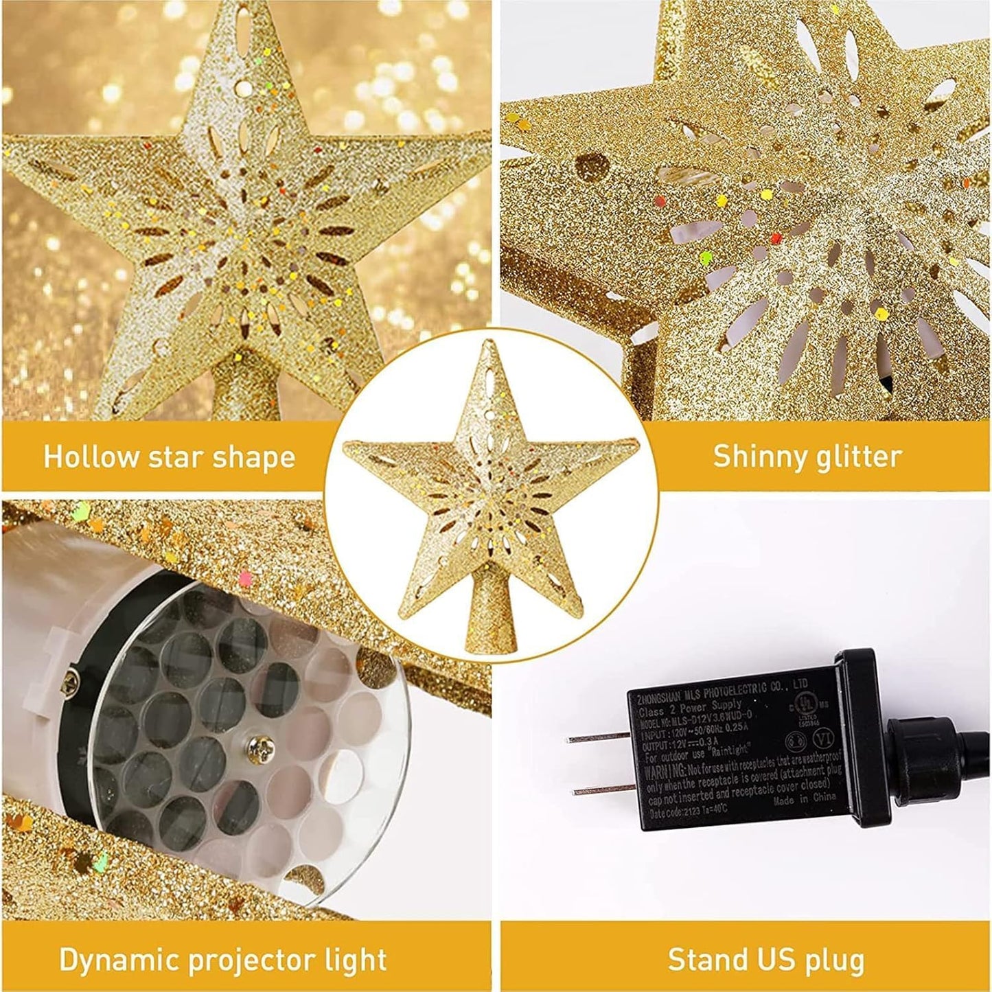 Christmas Tree Topper Lighted Gold Star Tree Topper with LED Rotating Snowflake Projector, 3D Glitter Tree Star Topper for Christmas Tree Decorations Holiday Party Decor