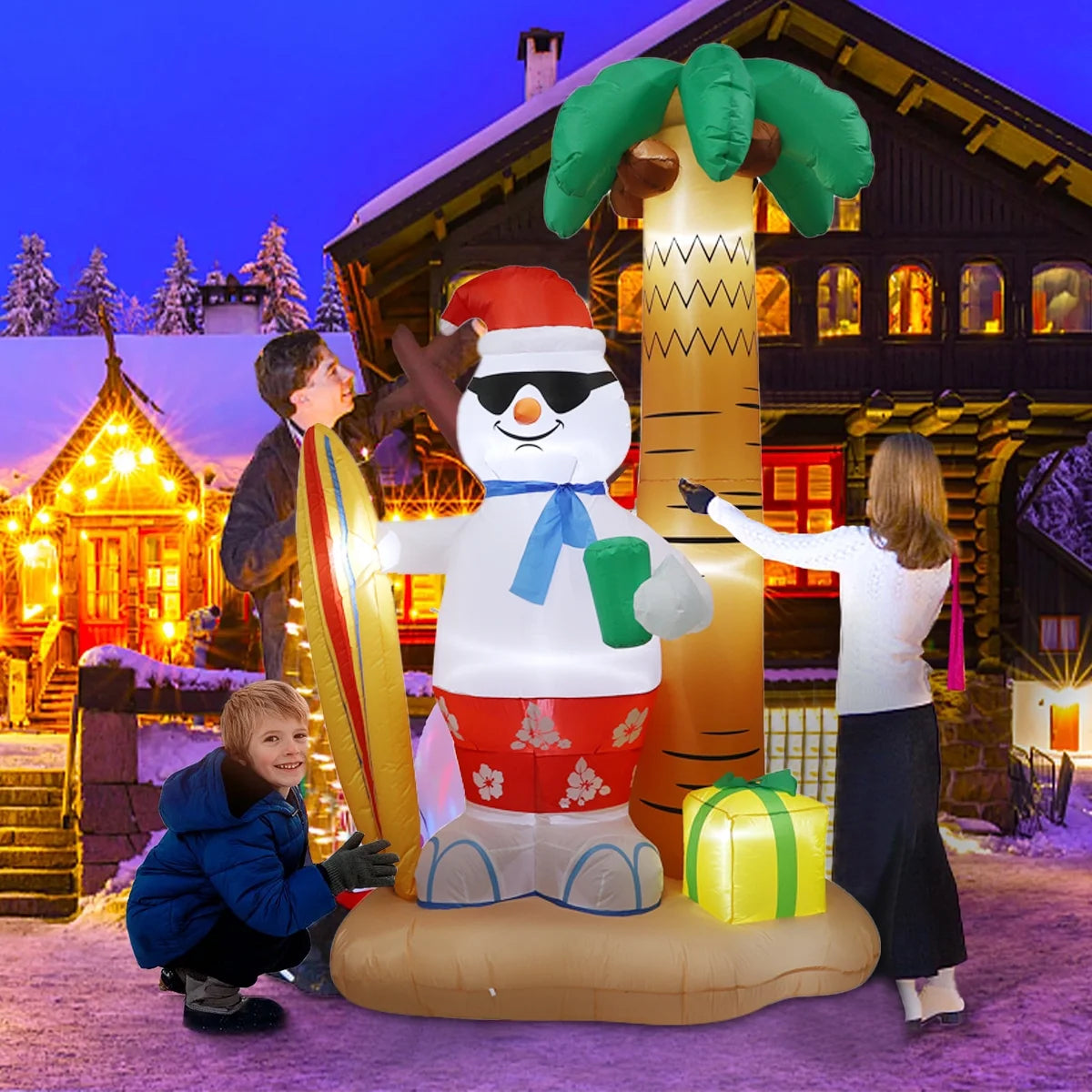 8 FT Christmas Inflatable Surfing Snowman Lawn Outdoor Decorations, Blow up Snowman with Gift, Built-In LED Lights, Xmas Decor Holiday Indoor Outdoor Party Garden Yard Decoration