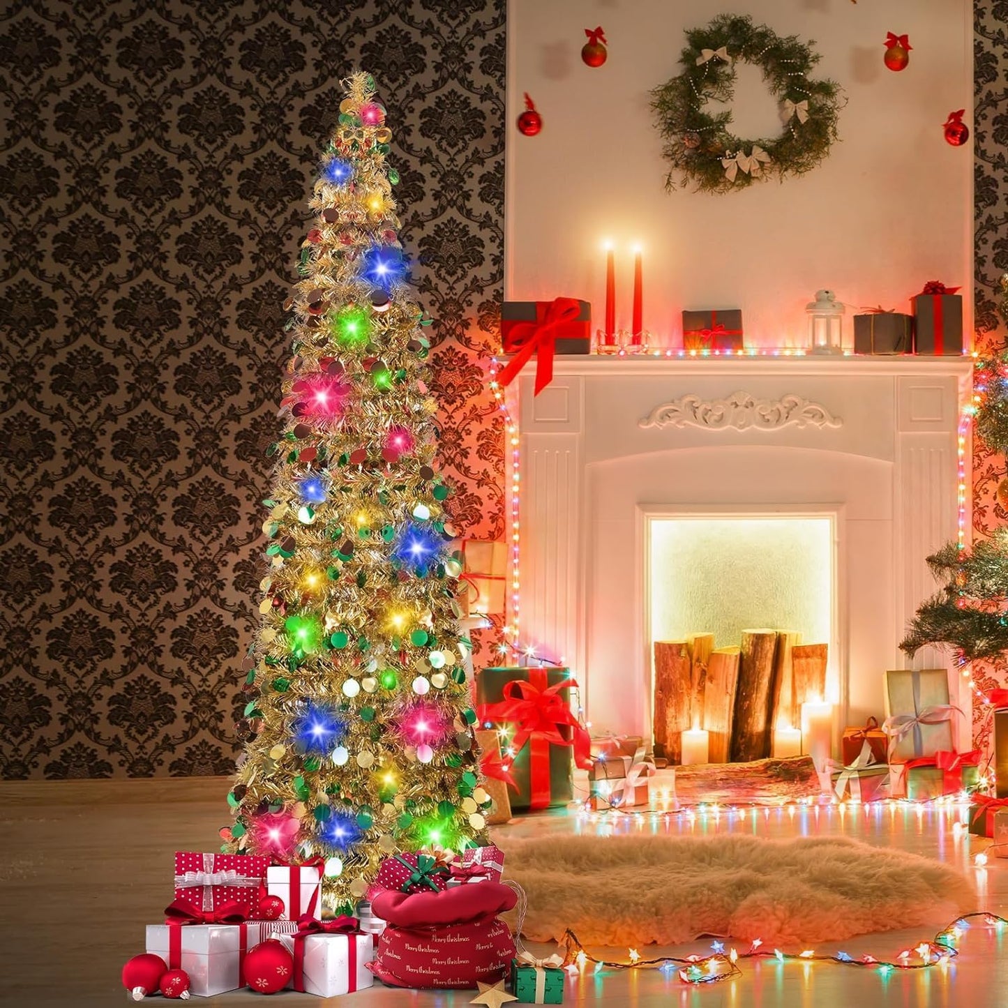 Pop up Christmas Tree with Lights & 30 Balls, 5Ft Collapsible Gold Mix Tinsel Skinny Christmas Tree Decorations for Holiday Xmas Home Office Decor