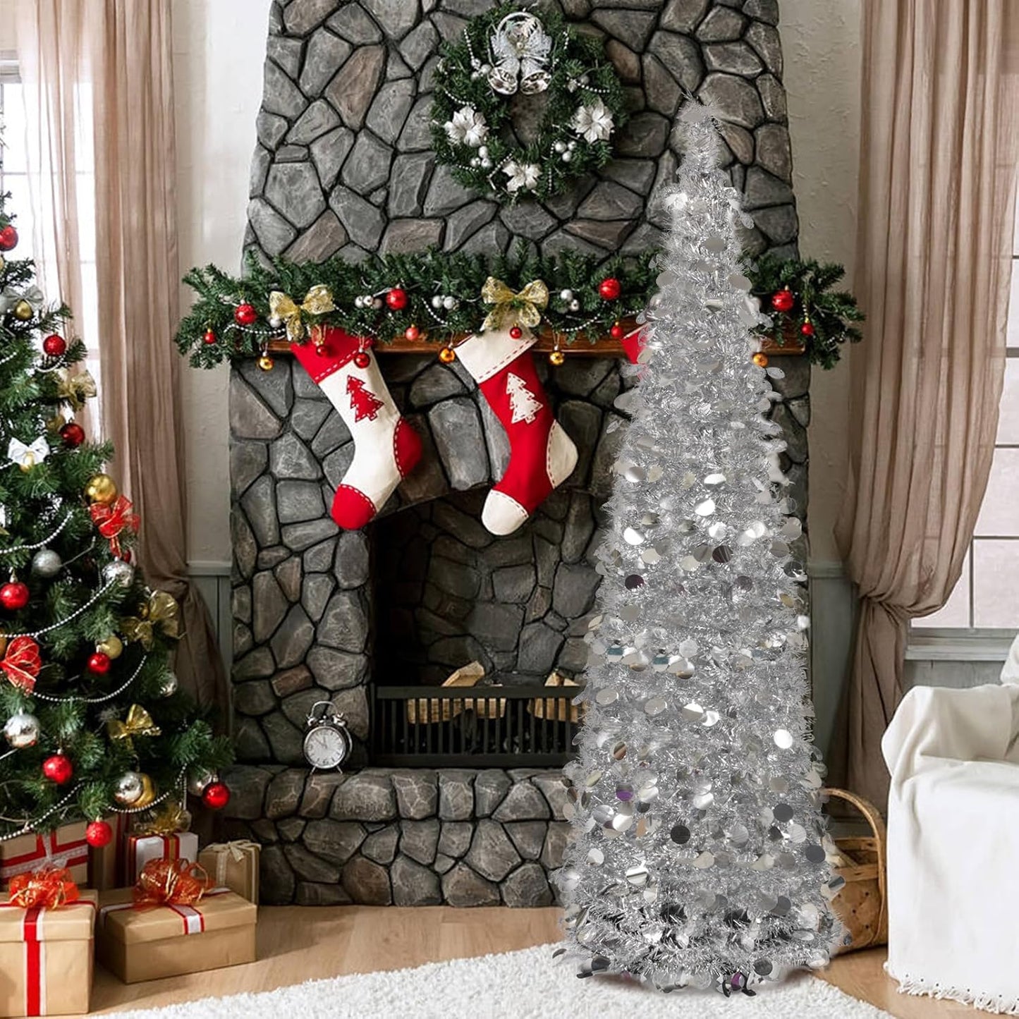 Pop up Christmas Tree with Lights & 30 Balls, 5Ft Collapsible Silver Tinsel Christmas Tree Decoration for Holiday Home Office Decor
