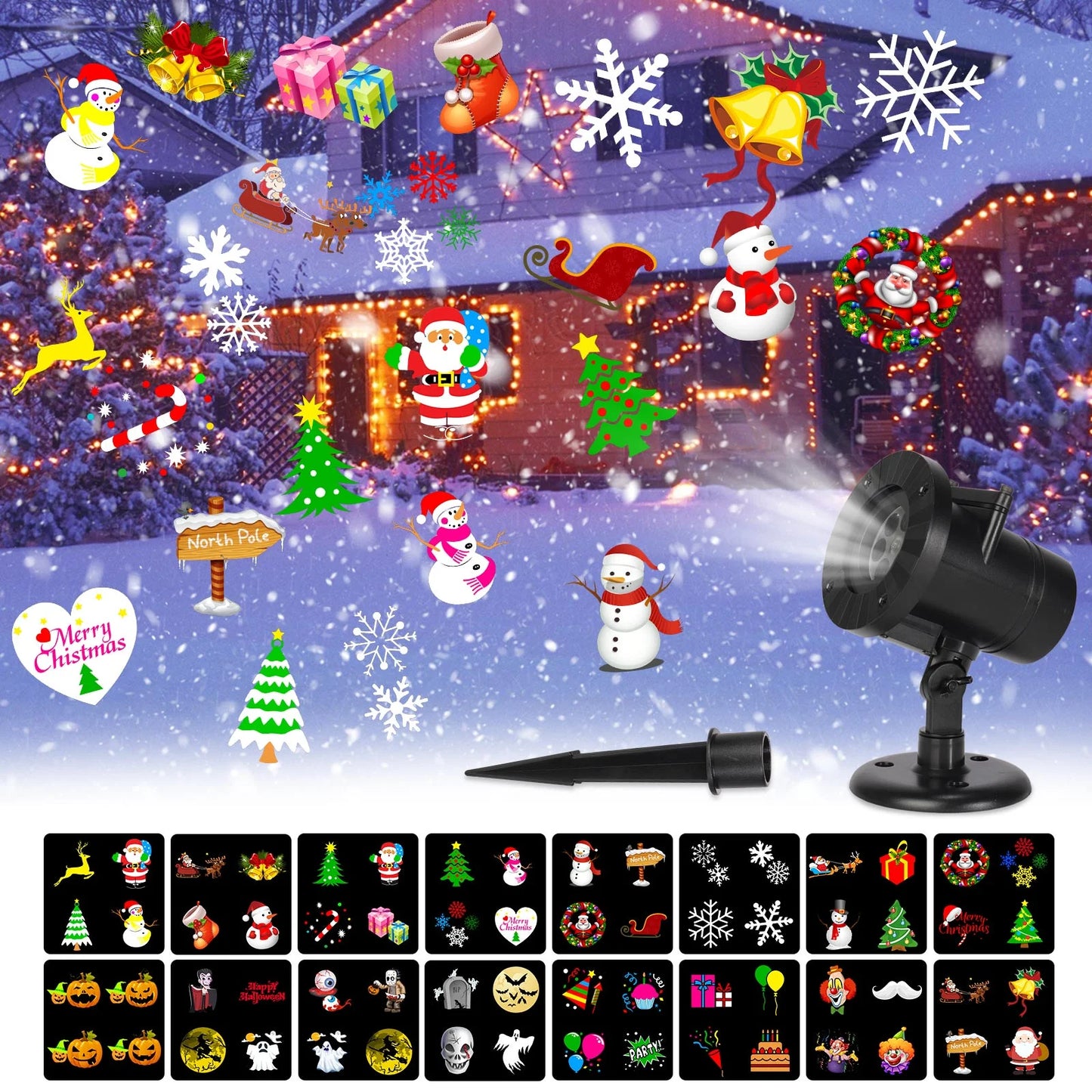 Halloween Christmas Projector Lights Outdoor with 16 Patterns Slides IP65 Waterproof Snowflake Projection Holiday Lights