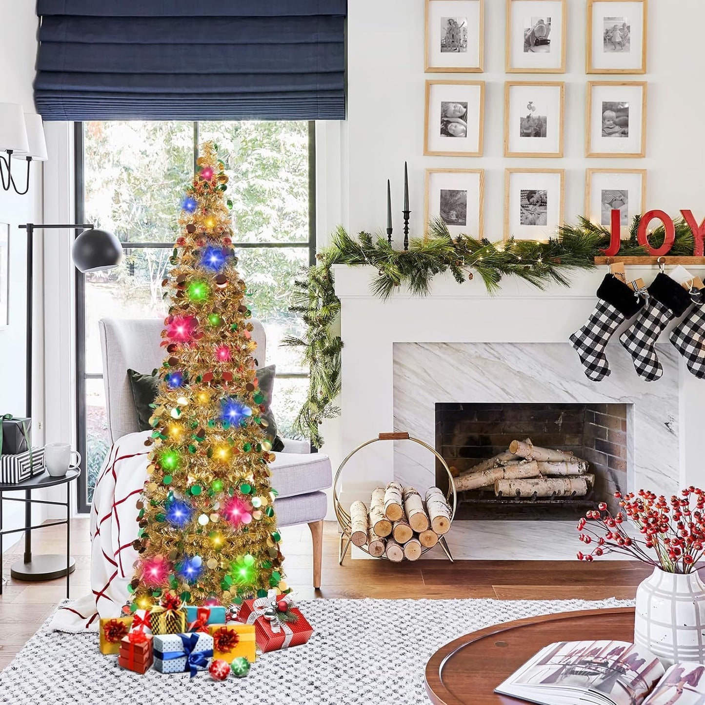 Pop up Christmas Tree with Lights & 30 Balls, 5Ft Collapsible Gold Mix Tinsel Skinny Christmas Tree Decorations for Holiday Xmas Home Office Decor