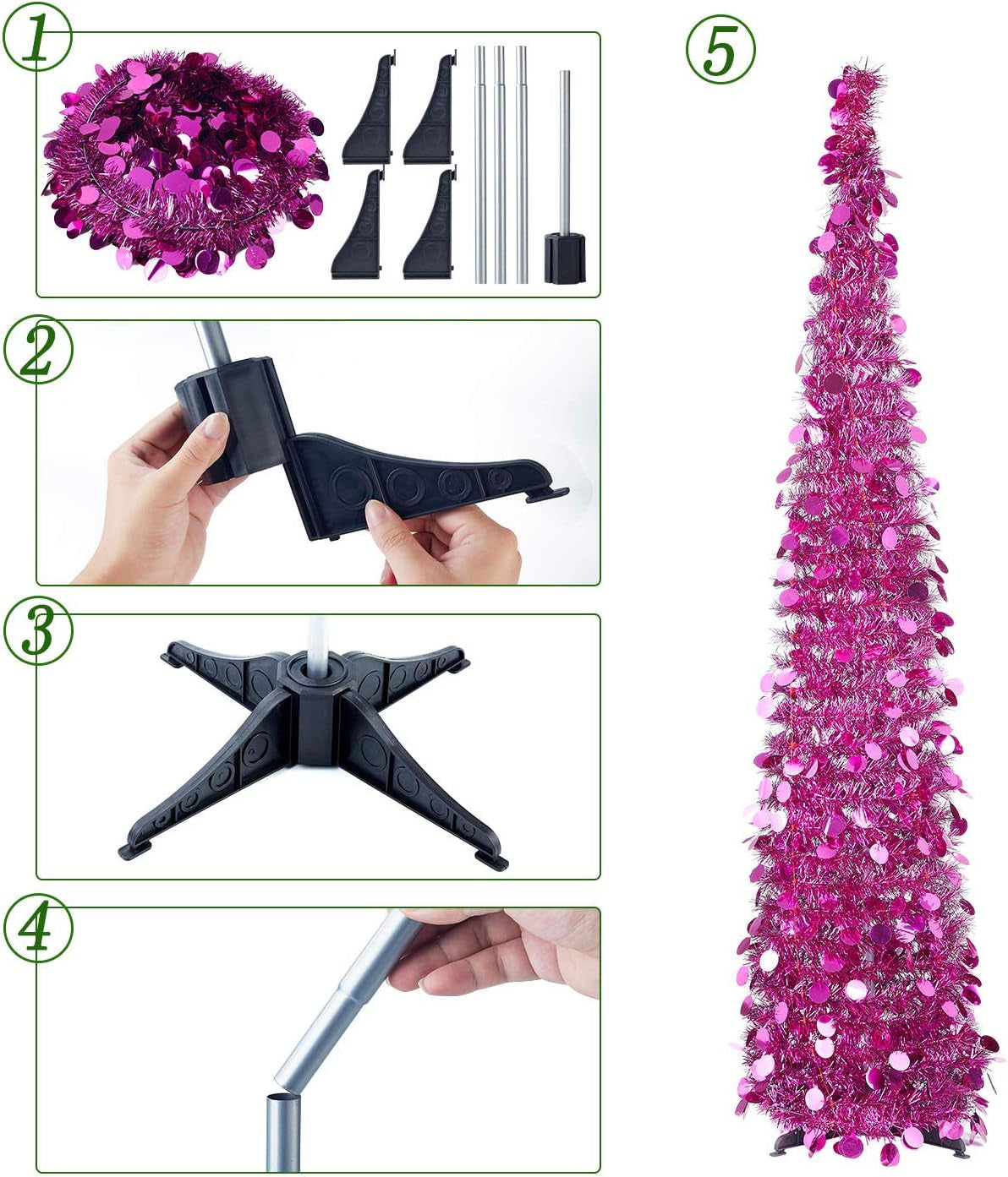 Pop up Fuchsia Tinsel Christmas Tree with Lights & 30 Balls, 5Ft Collapsible Skinny Tree for Home Office Decor, Fuchsia