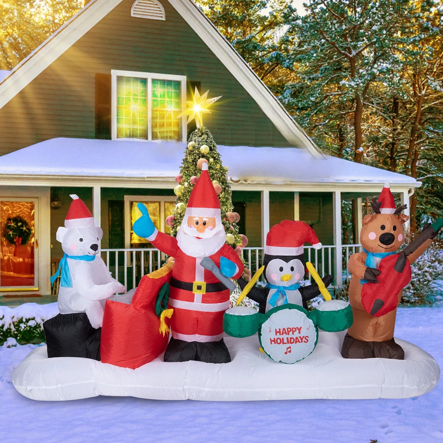Vipush 8.8Ft Long Christmas Inflatables Cute Animal Band Inflatables Santa Penguin Bear Decor with LED Lights