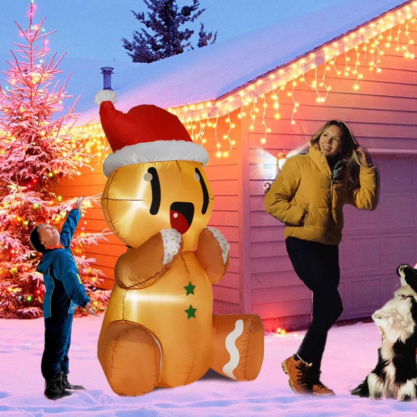 5.5Ft Christmas Inflatable Gingerbread Man,Cute Christmas Sitting Gingerbread Man Blow up Yard Decorations with Build-In LED Lights,Christmas Inflatable Decorations for Outdoor Indoor Lawn Garden