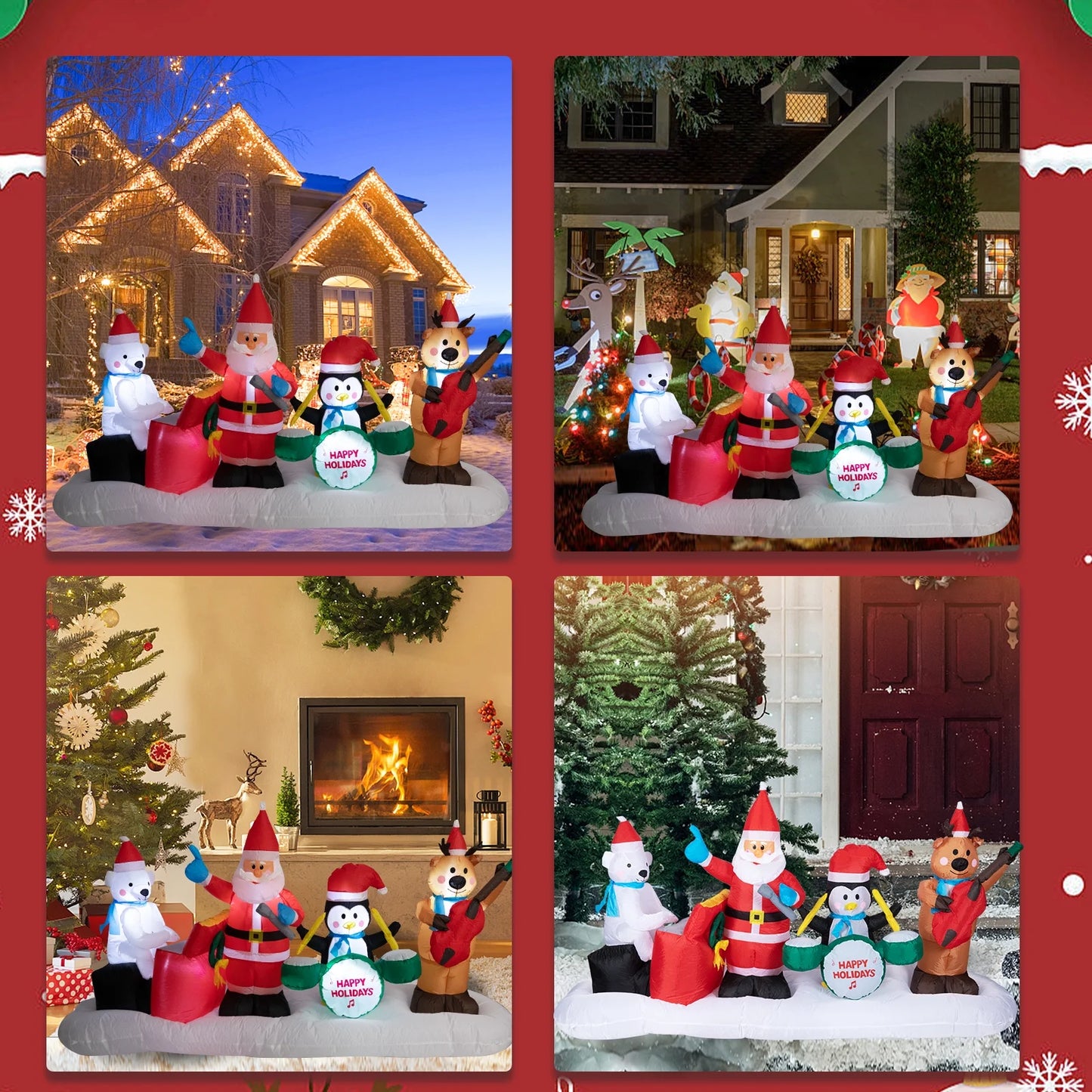 Vipush 8.8Ft Long Christmas Inflatables Cute Animal Band Inflatables Santa Penguin Bear Decor with LED Lights