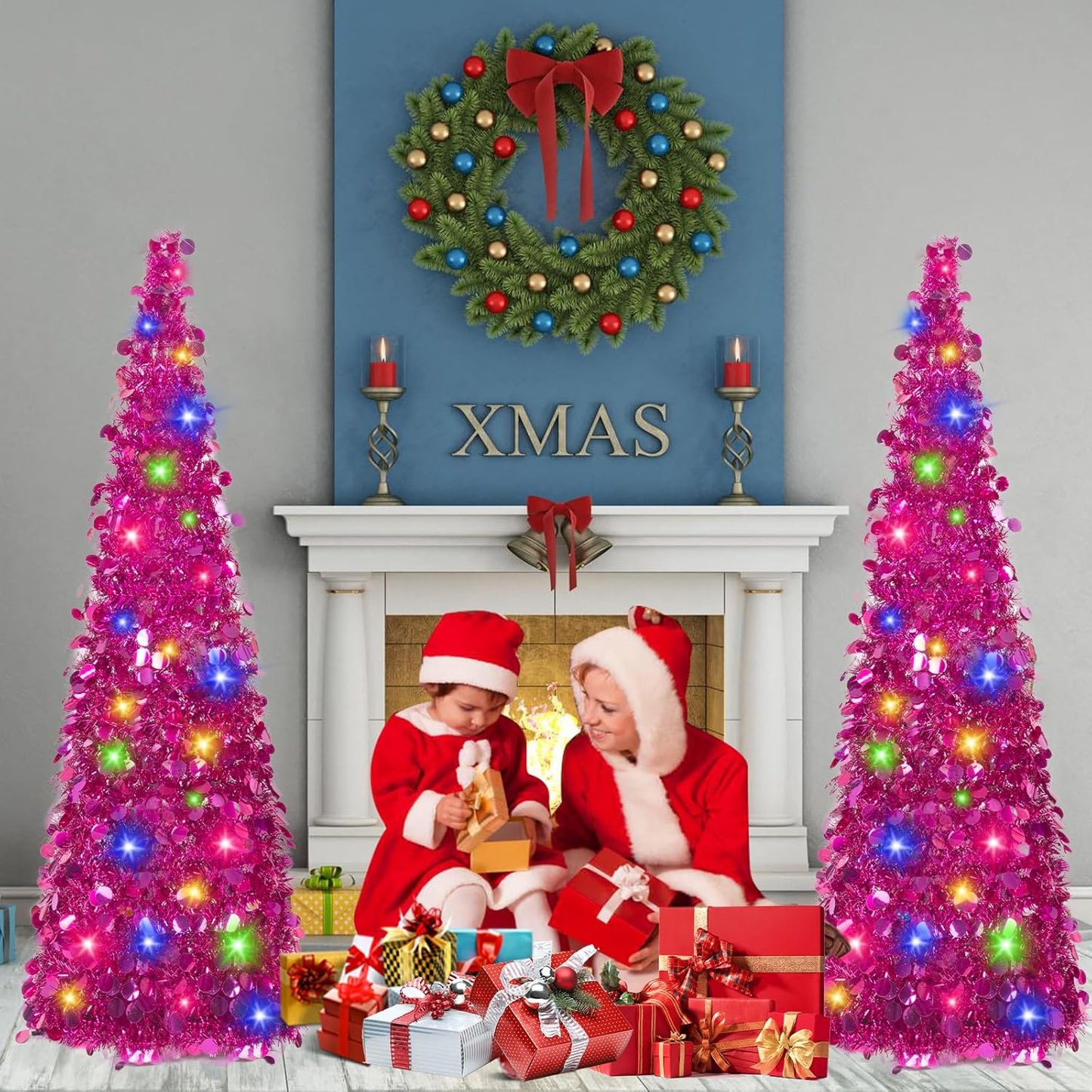 Pop up Fuchsia Tinsel Christmas Tree with Lights & 30 Balls, 5Ft Collapsible Skinny Tree for Home Office Decor, Fuchsia