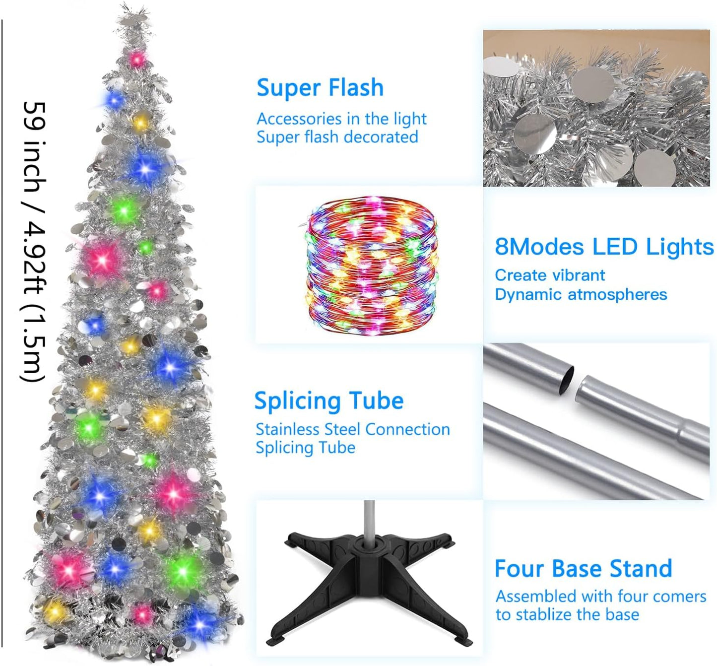 Pop up Christmas Tree with Lights & 30 Balls, 5Ft Collapsible Silver Tinsel Christmas Tree Decoration for Holiday Home Office Decor