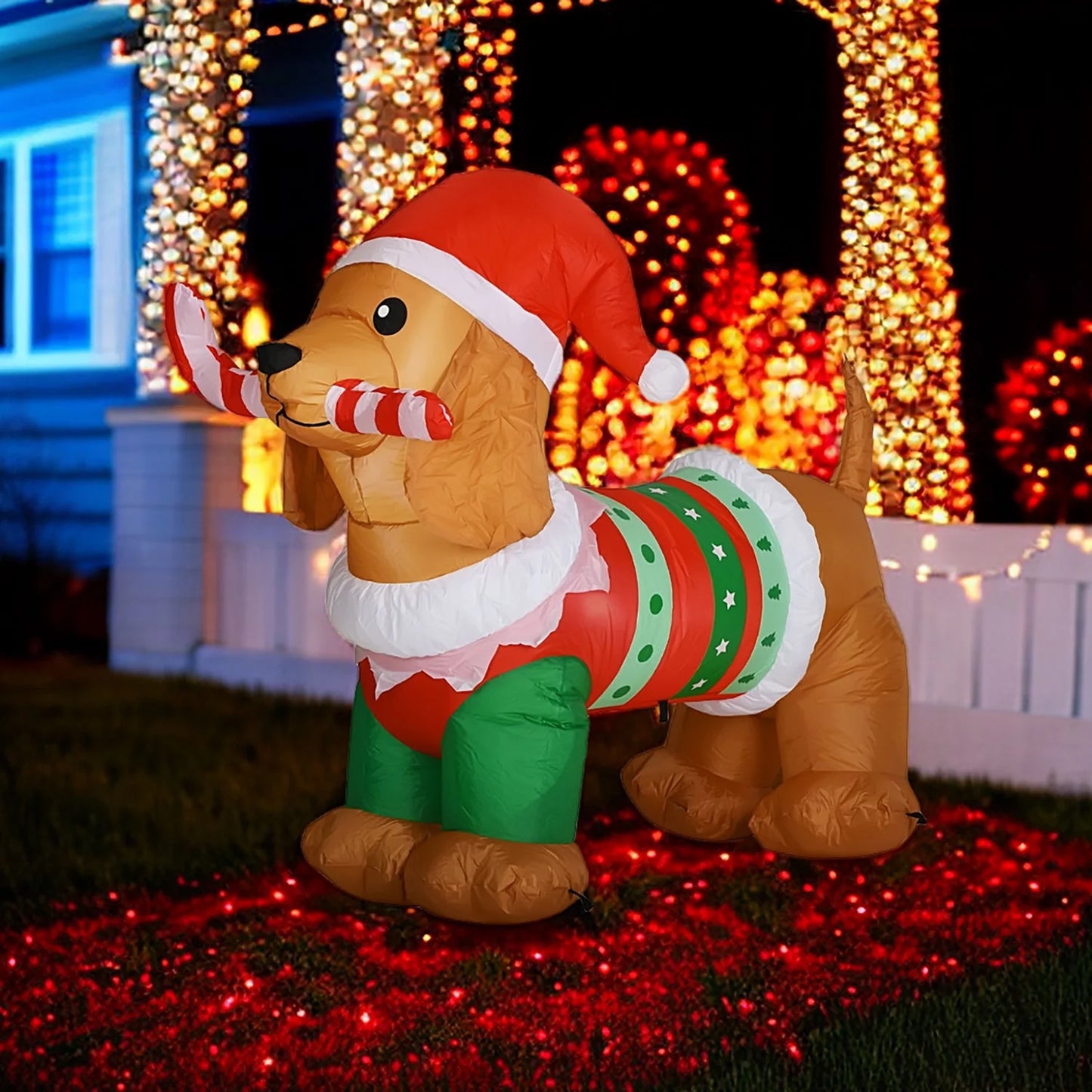 5Ft Christmas Inflatables Dog, Outdoor Christmas Decorations Inflatable Dog with Led Lights, Light up Presents Christmas Decoration Yard Inflatables Dog with Candy Cane, Hat, Clothes