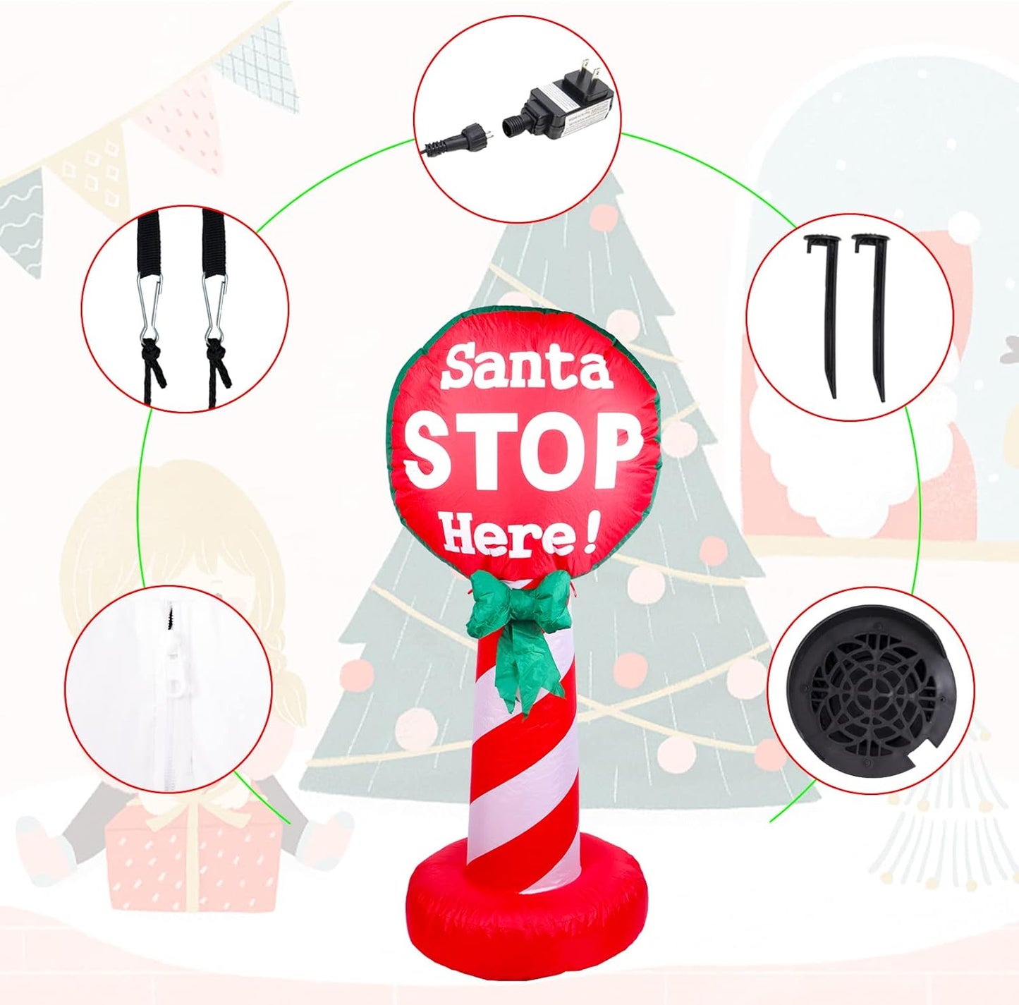 4 FT Santa Stop Here Sign Christmas Inflatable with LED Lights for Christmas Decorations Indoor Outdoor Yard Lawn Holiday Garden Decorations