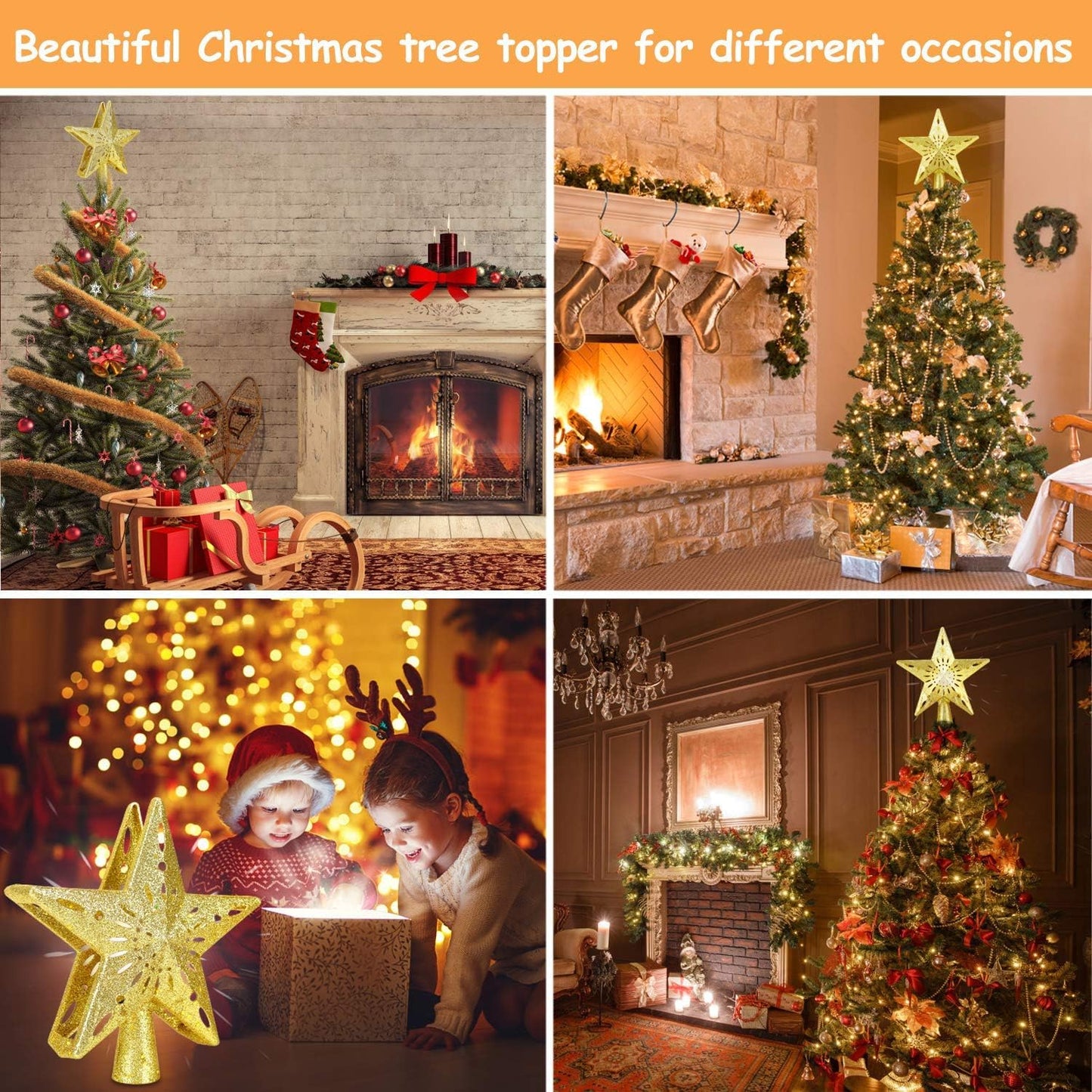 Christmas Tree Topper Lighted Gold Star Tree Topper with LED Rotating Snowflake Projector, 3D Glitter Tree Star Topper for Christmas Tree Decorations Holiday Party Decor