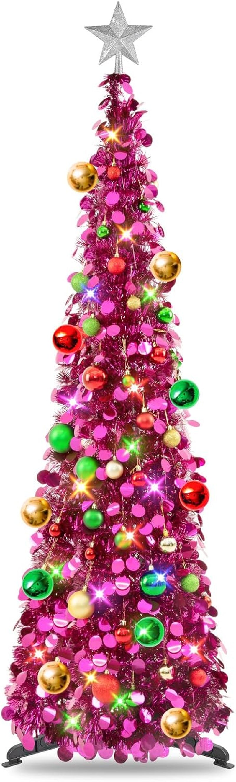 Pop up Fuchsia Tinsel Christmas Tree with Lights & 30 Balls, 5Ft Collapsible Skinny Tree for Home Office Decor, Fuchsia