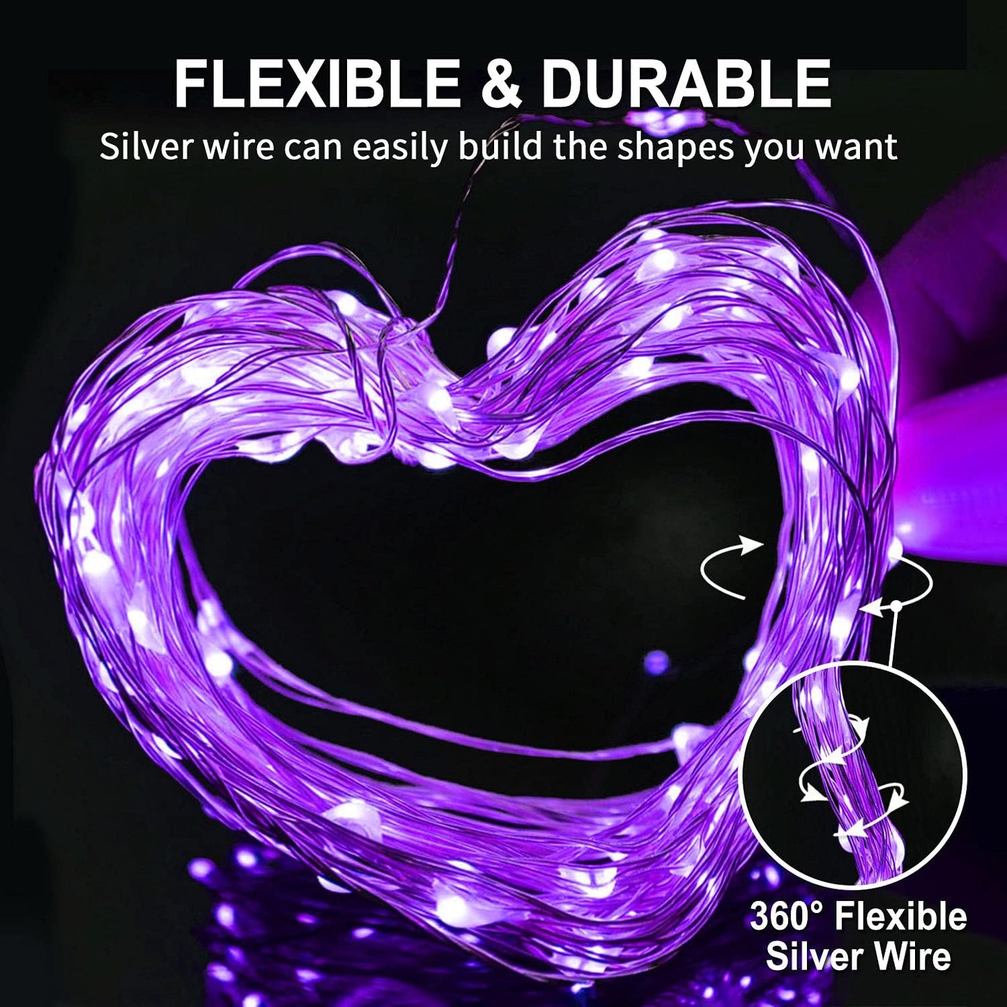 4 Pack 50 LED Halloween Fairy Lights Battery Operated, 16.1Ft Purple String Lights, Mini Christmas Lights Indoor Outdoor Waterproof for Bedroom Party Halloween Christmas Decorations